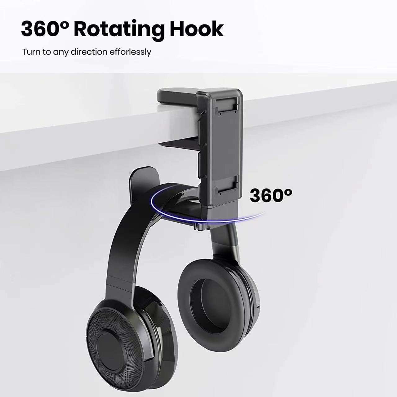 HoneTeek Rotating Headphone Stand, Headset Stand with Adjustable Clamp-on, headphone Holder for Desk, Headphones Hook Desk Clamp with Cable Clip Organizer, Foldable Headset Stand PC Gaming Accessories 4
