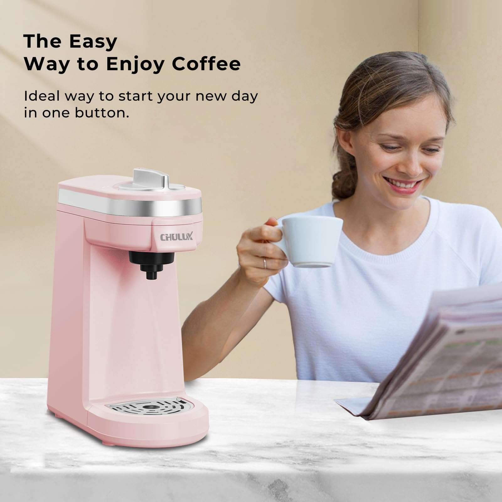 CHULUX 2 in 1 Mini Trip Coffee Maker for K Capsule & Ground Coffee, Single Serve Coffee Maker for One Cup Americano, Lightweight Pod Coffee Machine, Dusty Rose 6