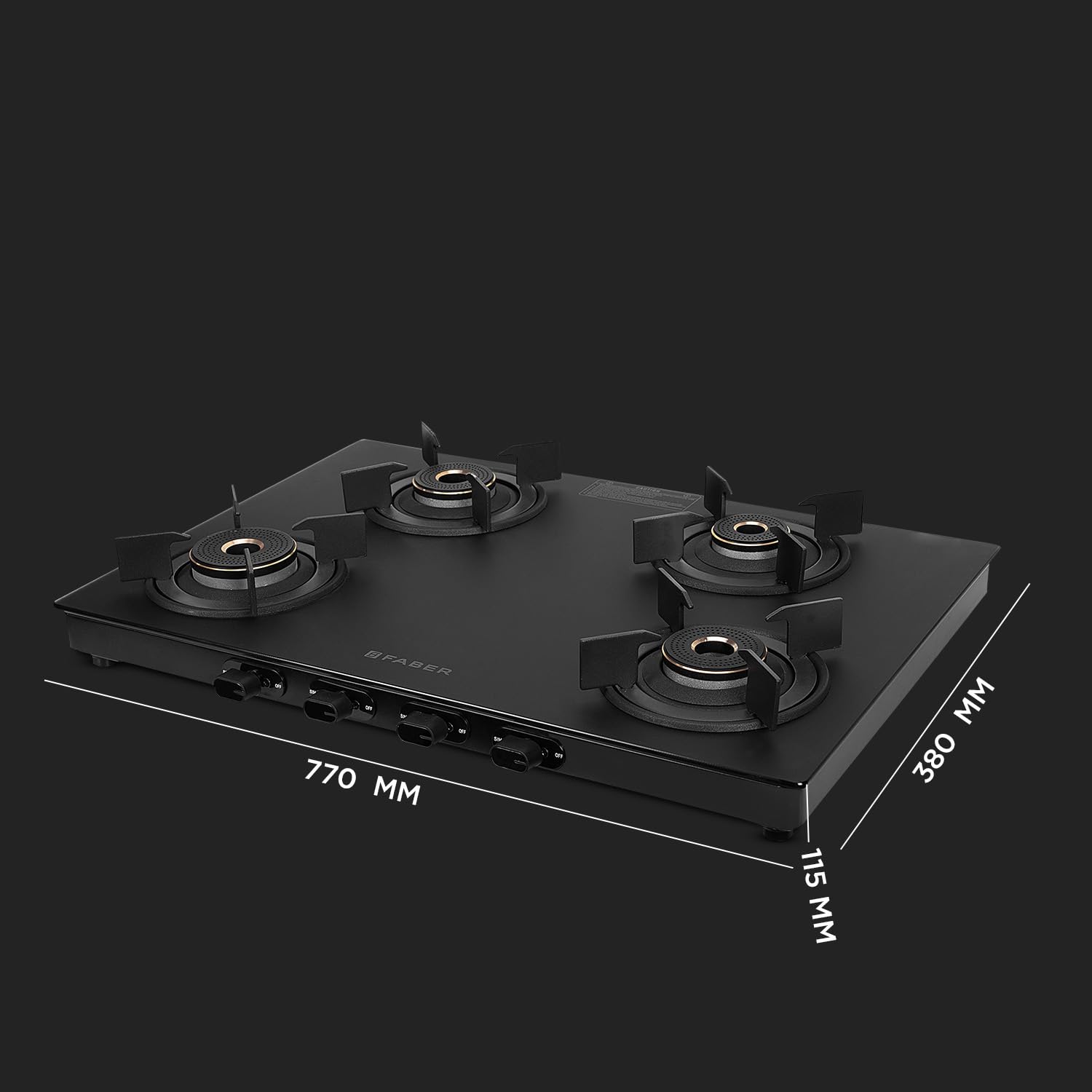 Faber Nebula Black Matt Finish Cooktop |4 Brass Burners - Jumbo, 2 Medium & Small | Manual Ignition| Heavy Pan Support with ABS Knobs| 5Yr Warranty on Glass & Burners by Faber|Cooktop Nebula4BB BK 5
