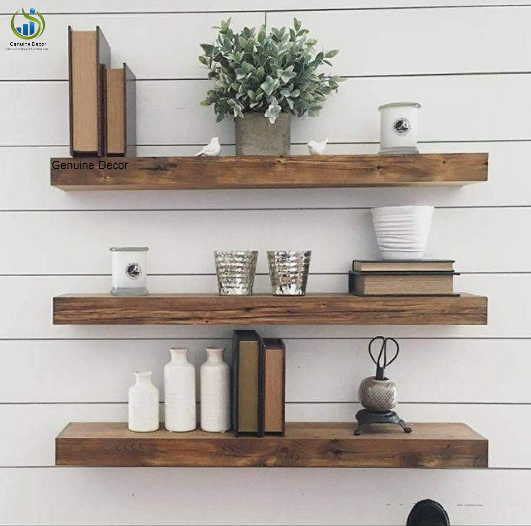 Genuine Decor 18 Inch Floating Shelves for Wall Set of 3, Rustic Wall Mounted Ledge Shelf for Bathroom, Bedroom, Living Room, Kitchen Light Walnut 2