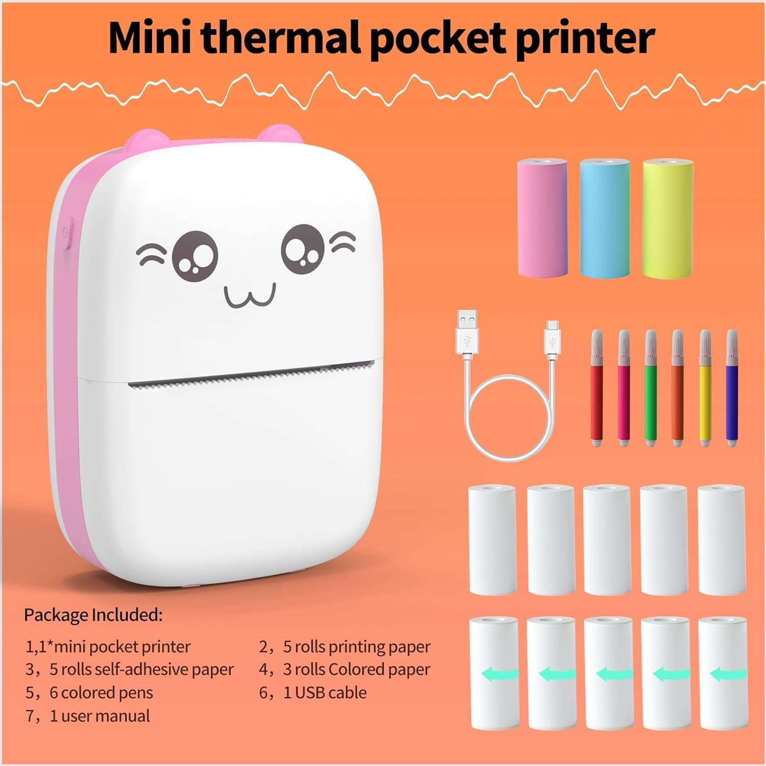 Saksham trader Inkless Mini Pocket Thermal Sticker Printer, Bluetooth Pocket Portable Printer with 1 Rolls, Compatible with iOS and Android Phone for Photo, Memo, Notes 5 Free termal Rolls-Multicolour 3