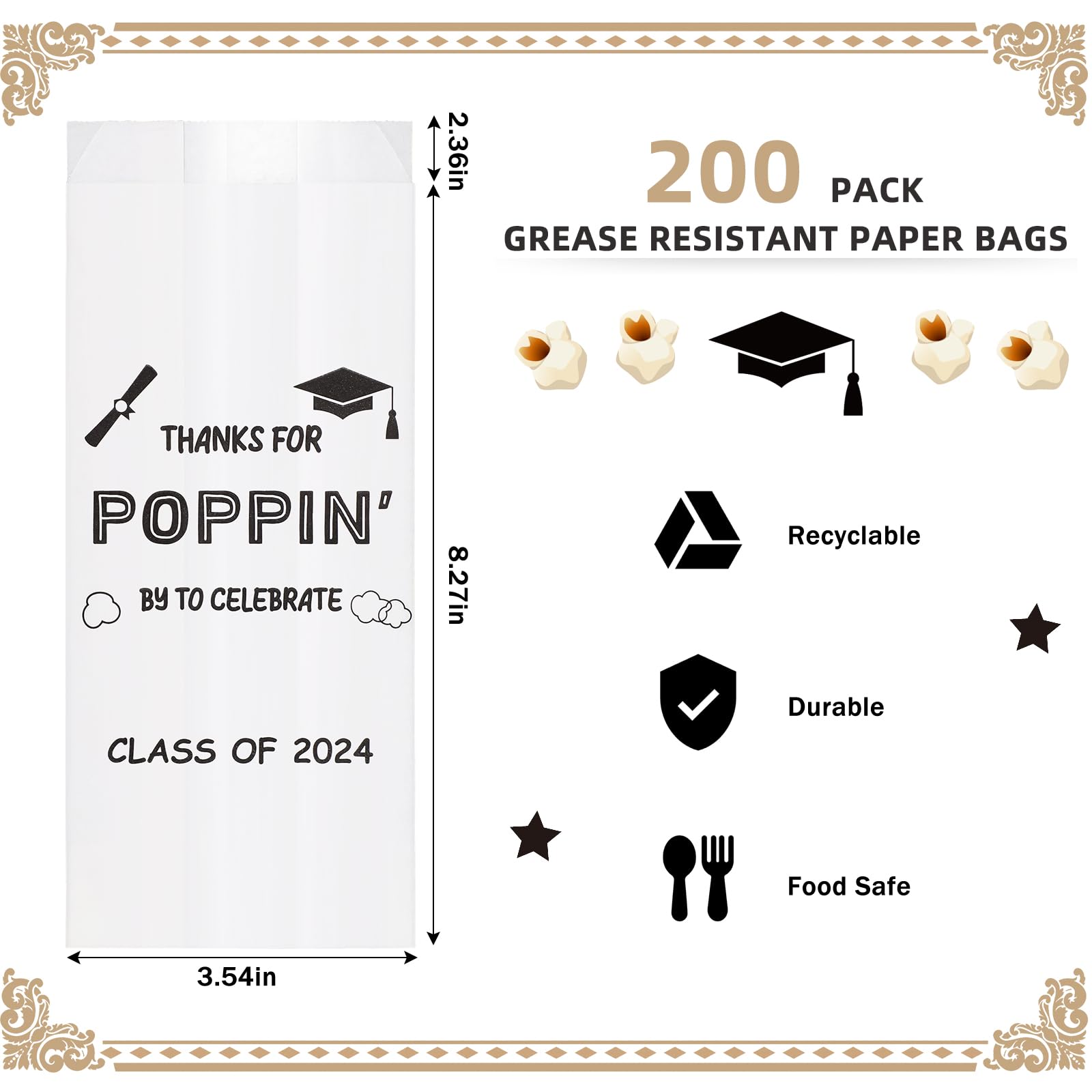 Sunnychicc 200 Pcs Class of 2024 Popcorn Bags Graduation Party Favors Snack Goodie Cookie Bags Grease Resistant Paper Individual Servings for Graduation Party Pop Corn Bag Bulk Graduation Party Favors 3