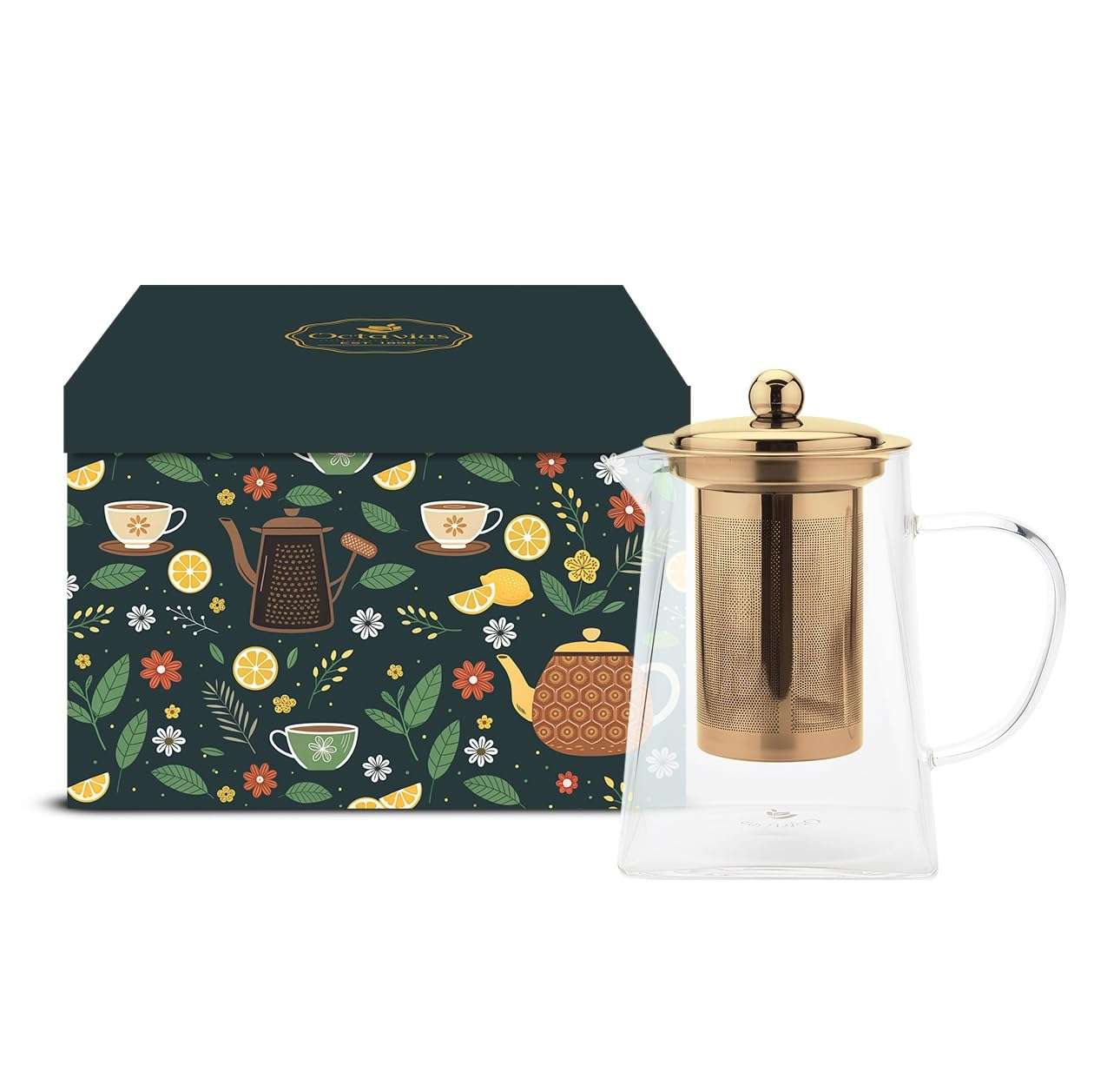 Octavius Pyramid Glass Tea Pot with Gold-Plated Infuser – 720ml | Borosilicate, Heat Resistant | Removable Lid & Infuser | Green & Loose Leaf Tea Maker | for 4 Cups | New Premium Gift Box. 1