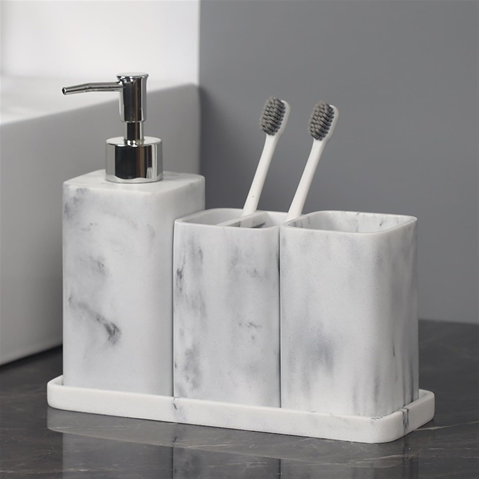 CZCZC Pump Bottle Soap Dispenser 4 Pieces Bathroom Accessories Complete Set Vanity Countertop Accessory Set Includes Lotion Dispenser Mouthwash Cup Toothbrush Holder 5
