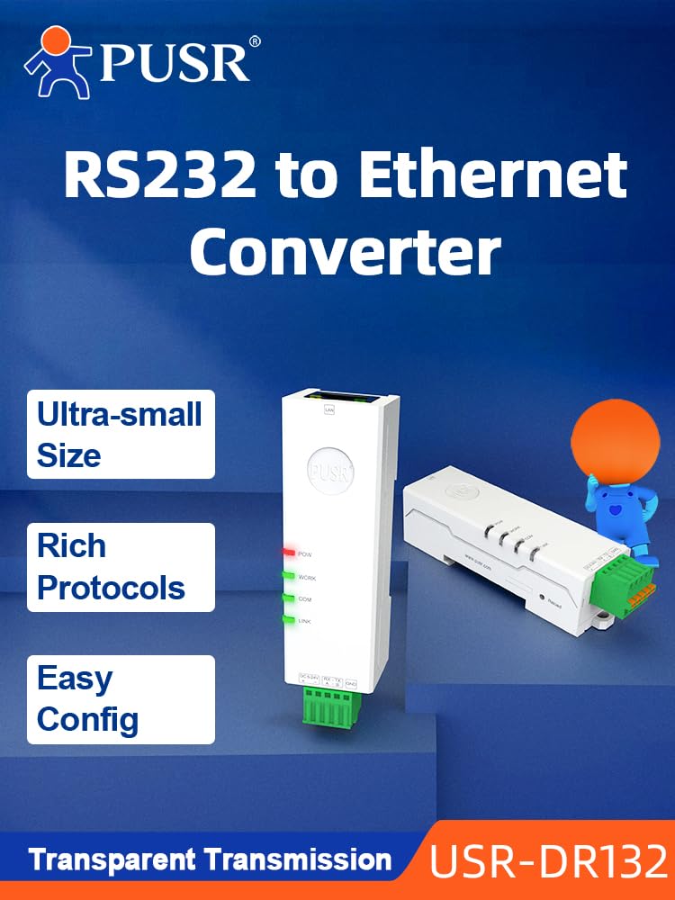 PUSR Din Rail Tiny Size RS232 to Ethernet Converter Serial Device Server Modbus Gateway Modbus RTU to Modbus TCP at Command Built-in webpage USR-DR132 4