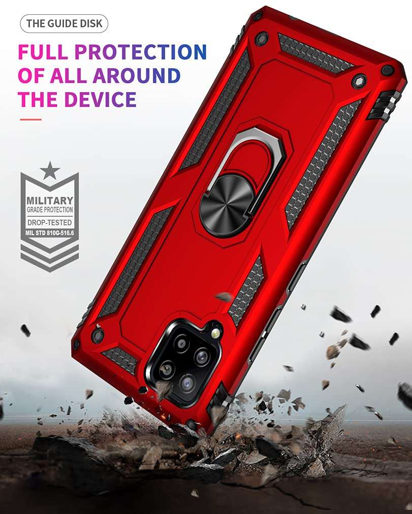 YZOK for Galaxy A42 5G Case,with HD Screen Protector,[Military Grade] Ring Car Mount Kickstand Hybrid Hard PC Soft TPU Shockproof Protective Case for Samsung A42 5G (Red) 5