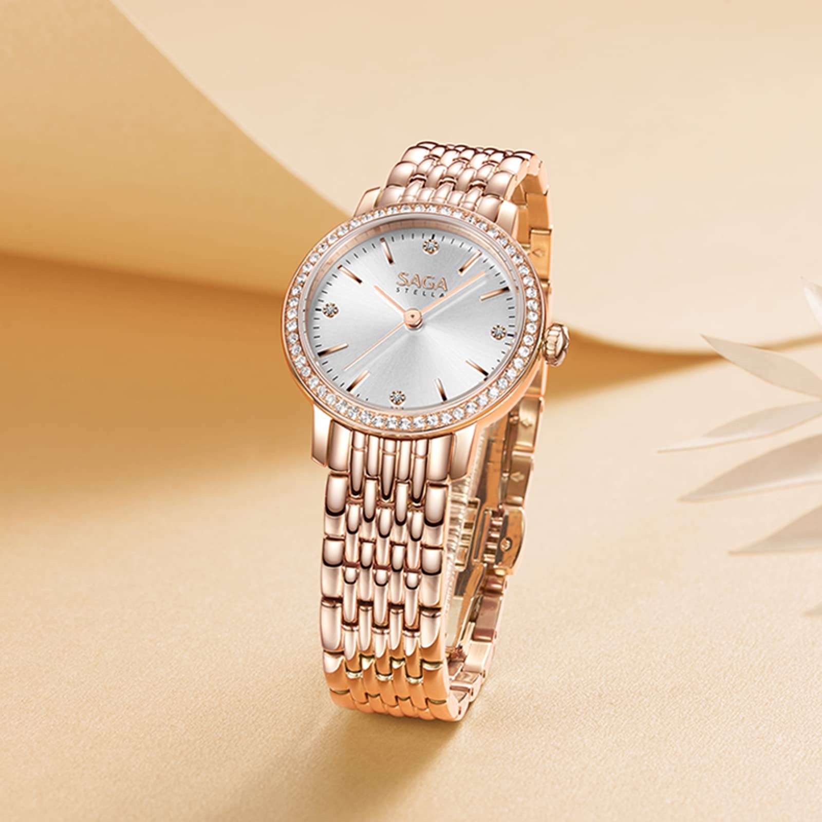 SAGA Luxury Crystal Ladies Watch Stainless Steel Crystal-Accented Dress Watch As Gift for Women Light Rose Gold 2