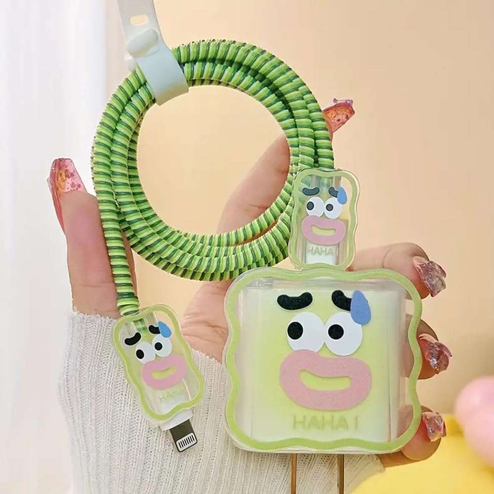 LALAPOPO Cute Wave Cable Protector Compatible for iPhone Charger Adapter with Green Funny Face Design,Data Line USB Cover Wire Cord Saver Lightning Cable Case for iPhone Charger 4