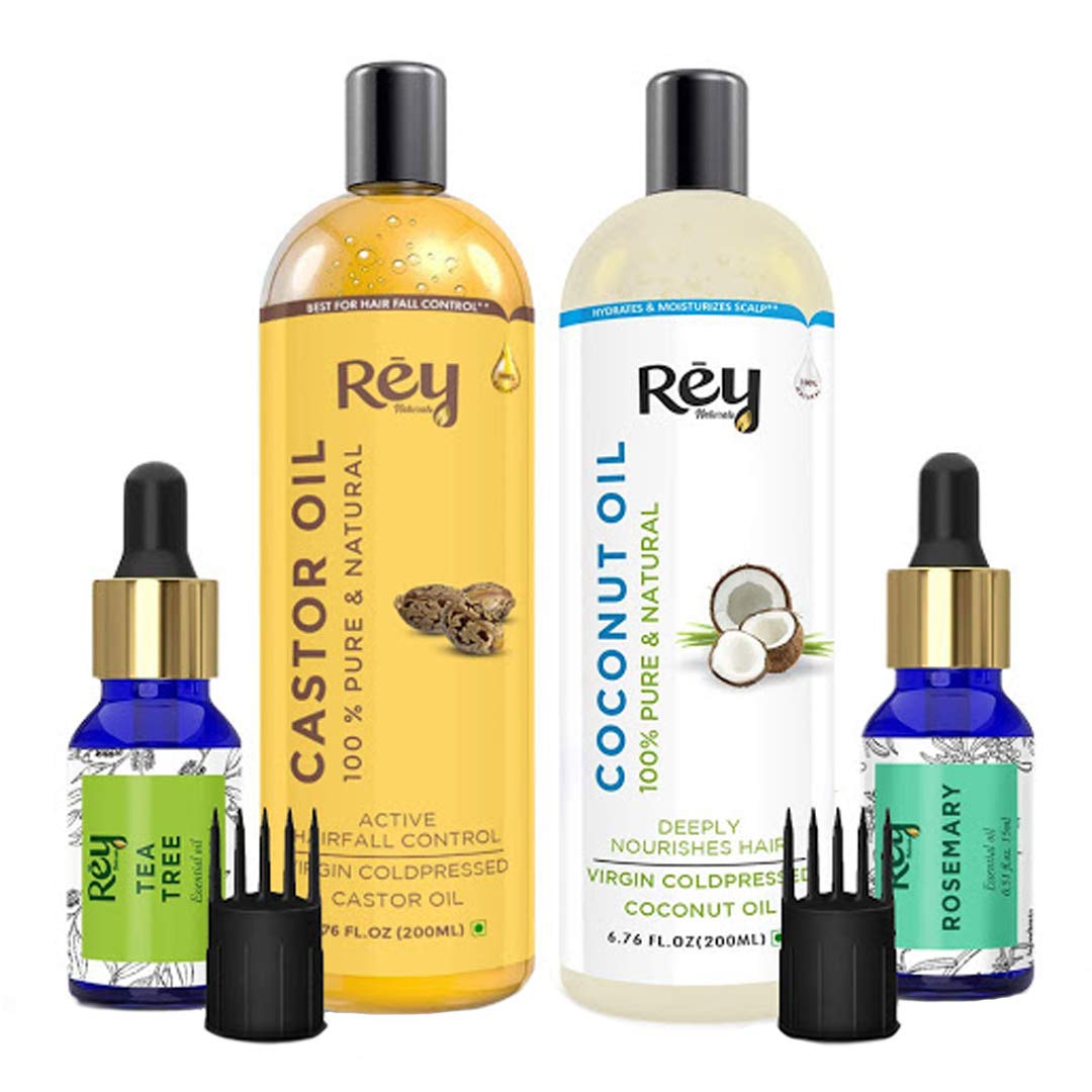 Rey Naturals Tea Tree Oil, Rosemary Oil, Coconut Oil, Castor Oil For Hair Growth, Dandruff & Hairfall Control, Acne, Dark Spots (15ml*2+200ml*2), Cold Pressed Oil For Skin & Hair Care, Herbal Hair Oil 1