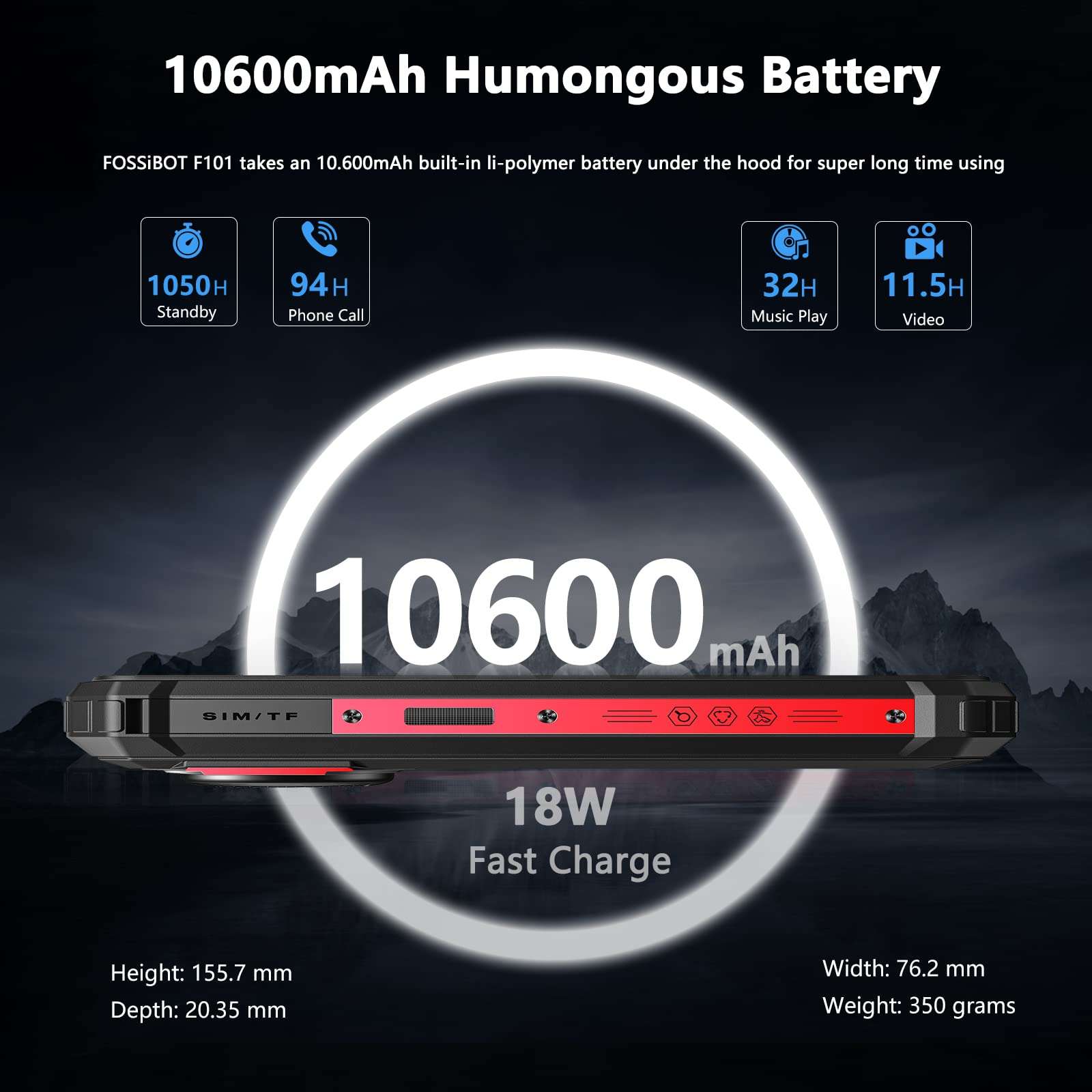 FOSSIBOT Rugged Smartphone F101 10600mAh Battery Rugged Cell Phone122dB Loudest Speaker Unlocked Phone 4+64GB 5.45" HD+ Rugged Smartphone Unlocked IP68 Waterproof Phone Android 12 24+8MP Camera OTG 2