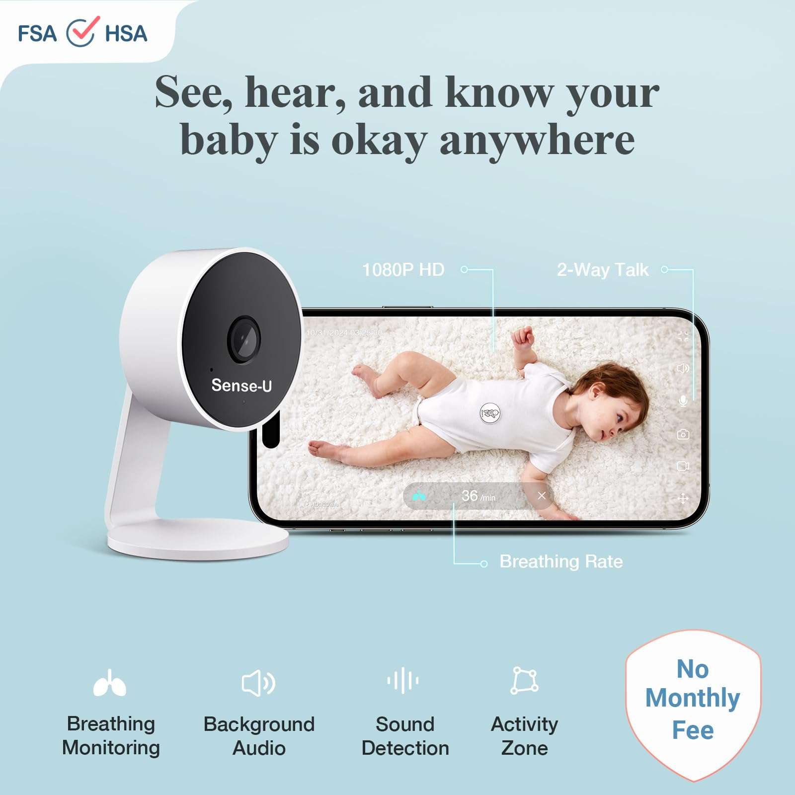 Sense-U AI Baby Camera Monitor with Sensor-Free Sleep Breathing Movement Detection, Smart Security Indoor Video Camera with Background Audio, Sound Detection, No Monthly Fee, for Peace of Mind 3