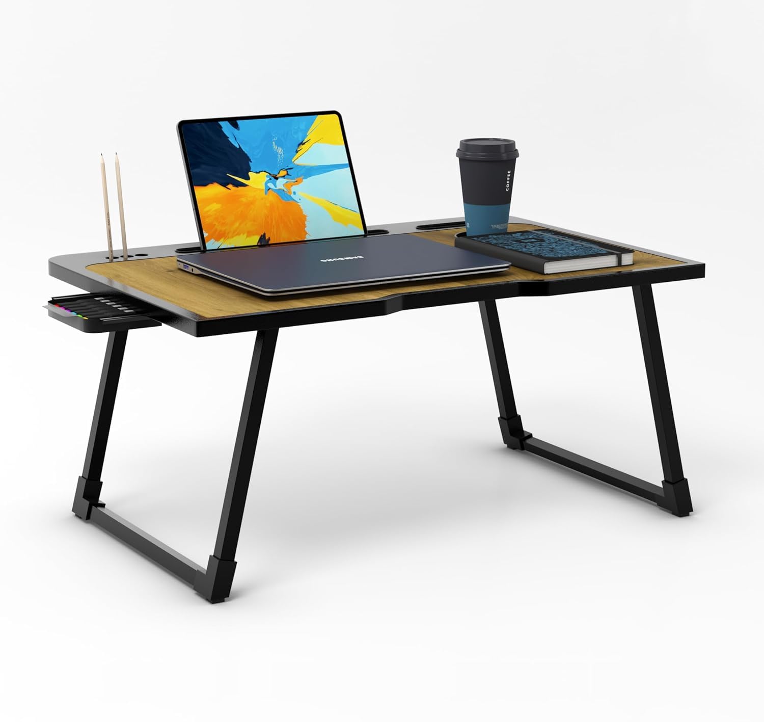 Radiant Multipurpose Foldable Laptop Table, Cup Holder, Drawer, Mac Holder, Study Table, Breakfast Table, Portable, Ergonomic, Rounded Edges, Non-Slip Legs (Wooden) 1