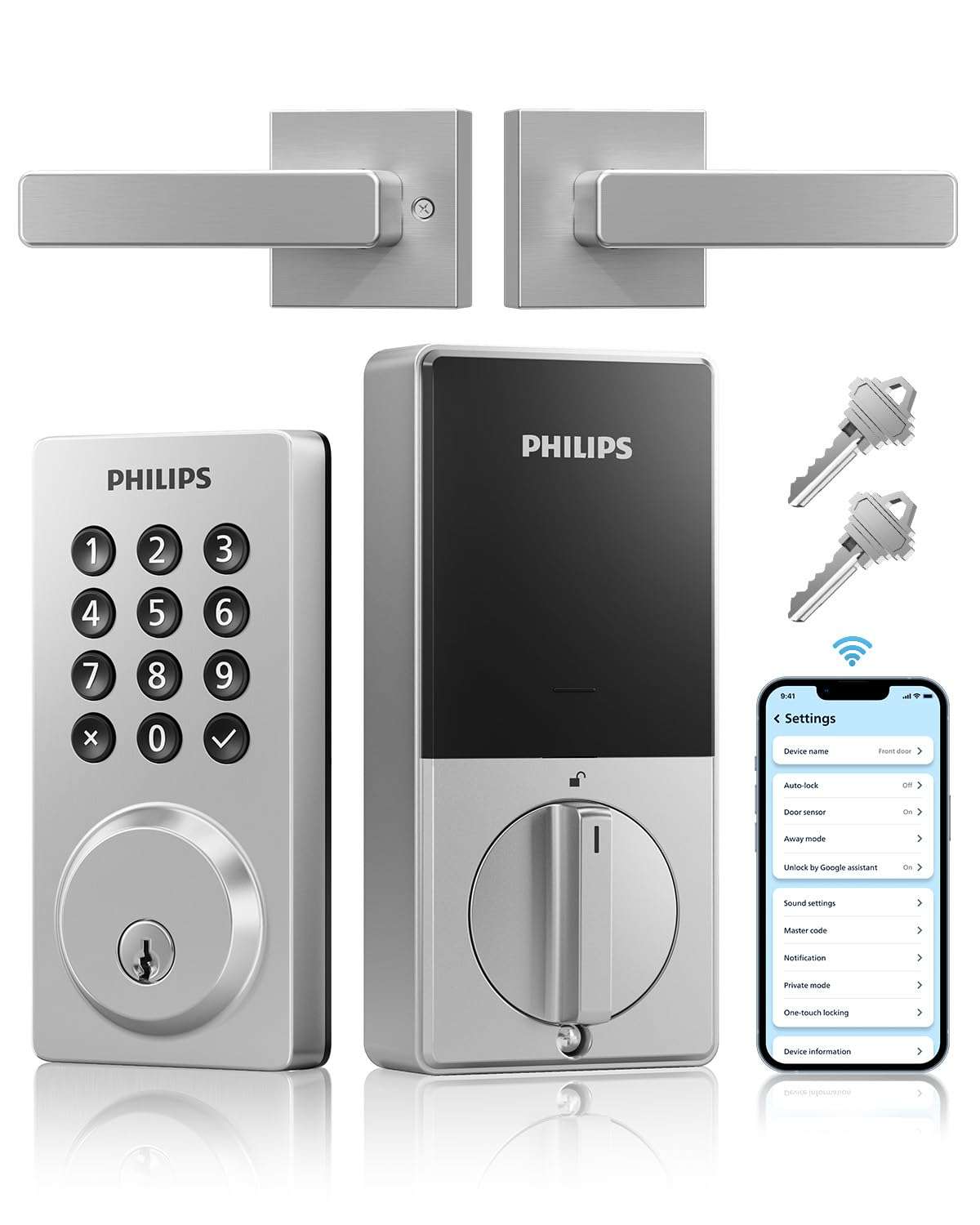 Philips WiFi Smart Door Lock with Handle, Built-in WiFi App Remote Control, Keyless Entry Door Locks for Front Door, Smart Deadbolt Auto Lock, Support Alexa & Google, IP54 Waterproof, Satin Nickel 1