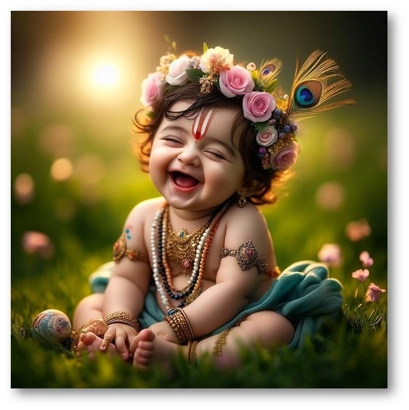 BLACKARTO Hindu Deity Baby Krishna 12" x 12" Photo Posters For Pregnant Women, Self Adhesive Premium Matte Vinyl Cute Bal Gopal Full HD Poster For Room Decoration 30 x 30 cms (Art-B, Pack Of 1)