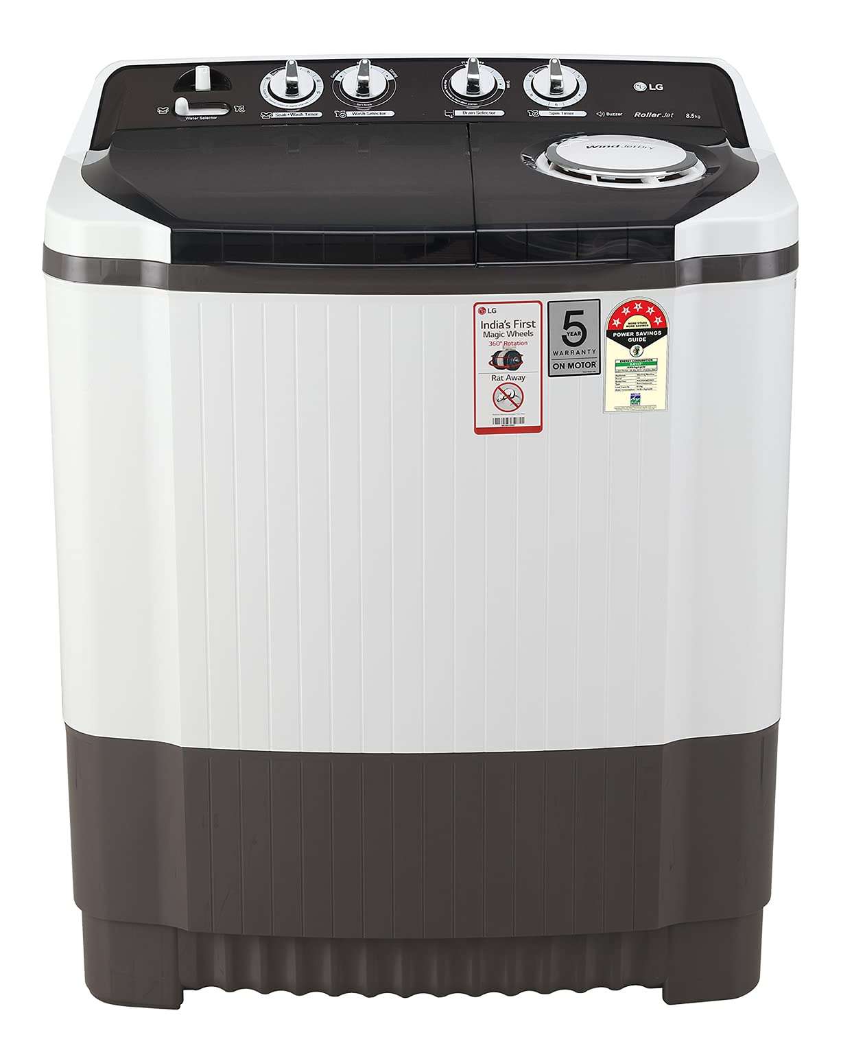 LG 8.5 Kg 5 Star Semi-Automatic Top Loading Washing Machine (P8535SGMZ, Dark Gray, Roller Jet Pulsator), Large 1
