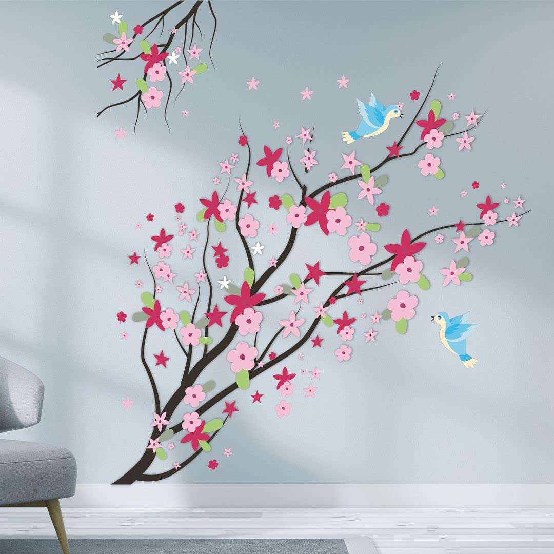 CVANU Colorful Flowers on Branch with Little Birds PVC Vinyl Wall Sticker for Wall Decoration Size(90cm x 90cm)_cv9 1
