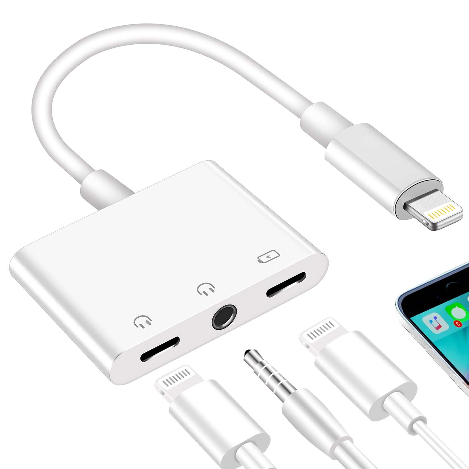 3.5mm Headphone Splitter for iPhone iPad 3 in 1 Earphone Jack Adapter with Fast Charging Lightning Audio Jack Connector Compatible for iPhone 14 13 12 11 X XR XS 8 7 iPad 1