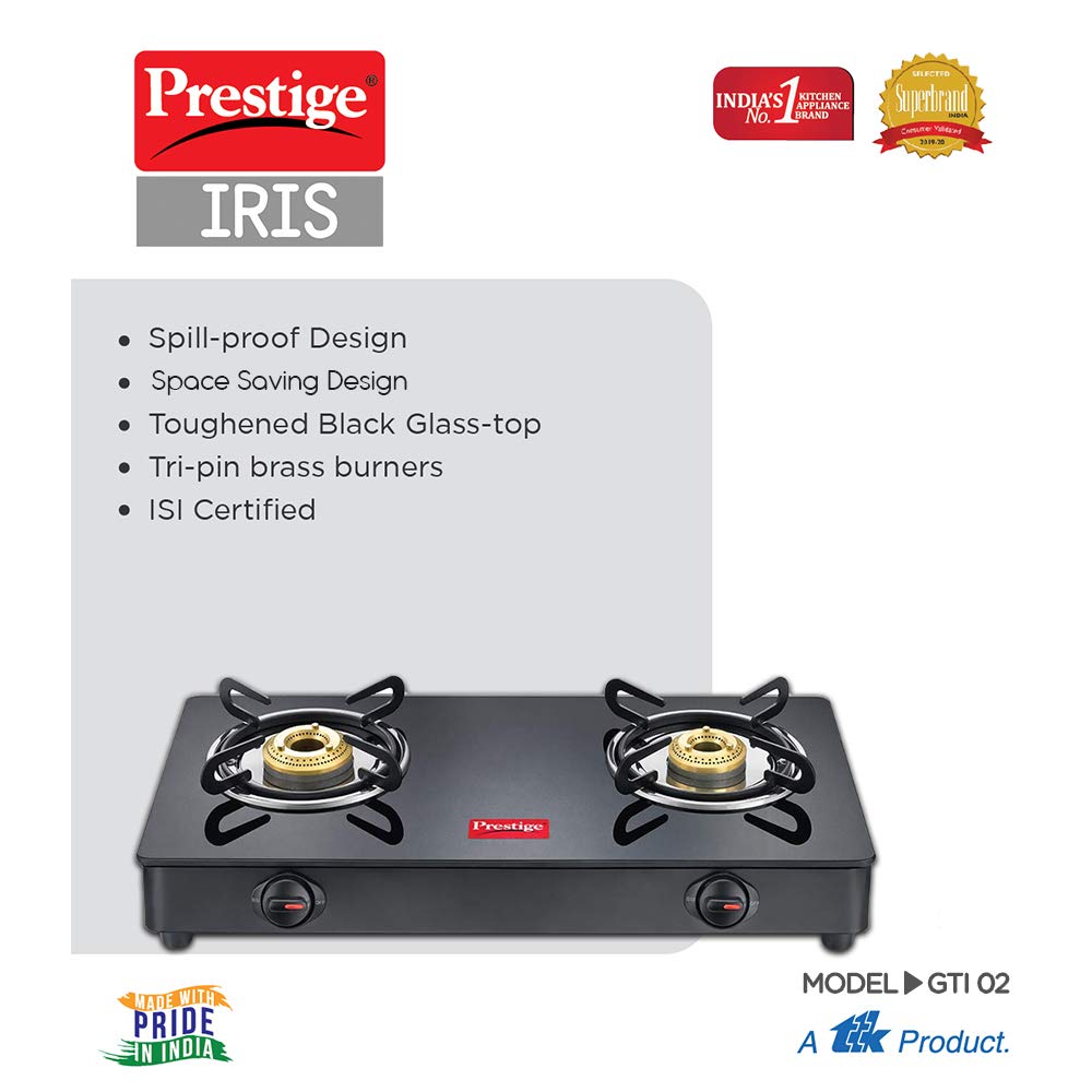 Prestige IRIS LPG Gas Stove, 2 Burner, Black, Powder coater Mild Steel with Glass Top, Manual 4