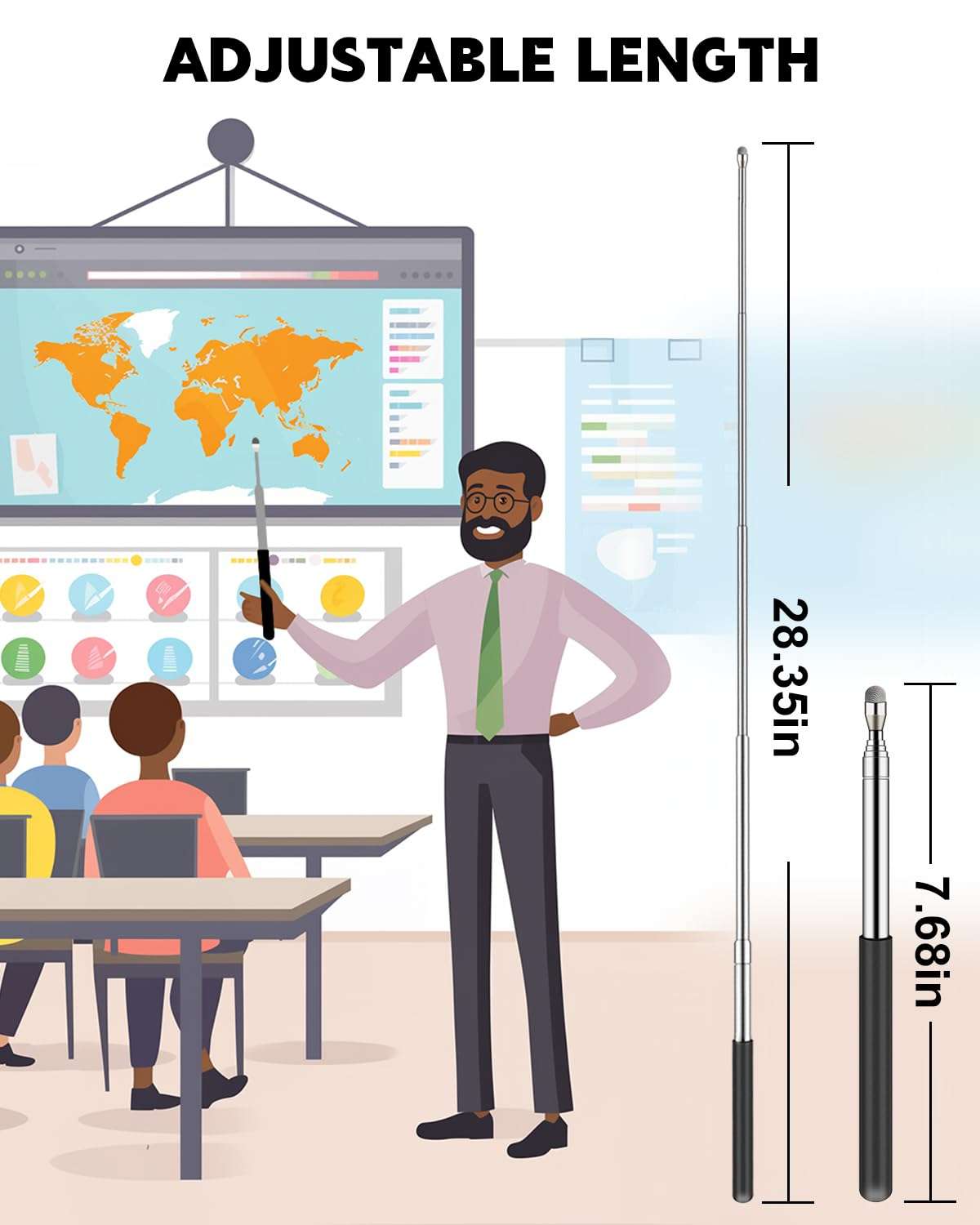 Telescoping Poiner Stick for Classroom Teacher Kids Reading, Dumero Retractable Pointer with Stylus for Touchscreens, Extendable Presentation Pointers, Classroom Must Have Supplies Essentials, 2 Pack 3