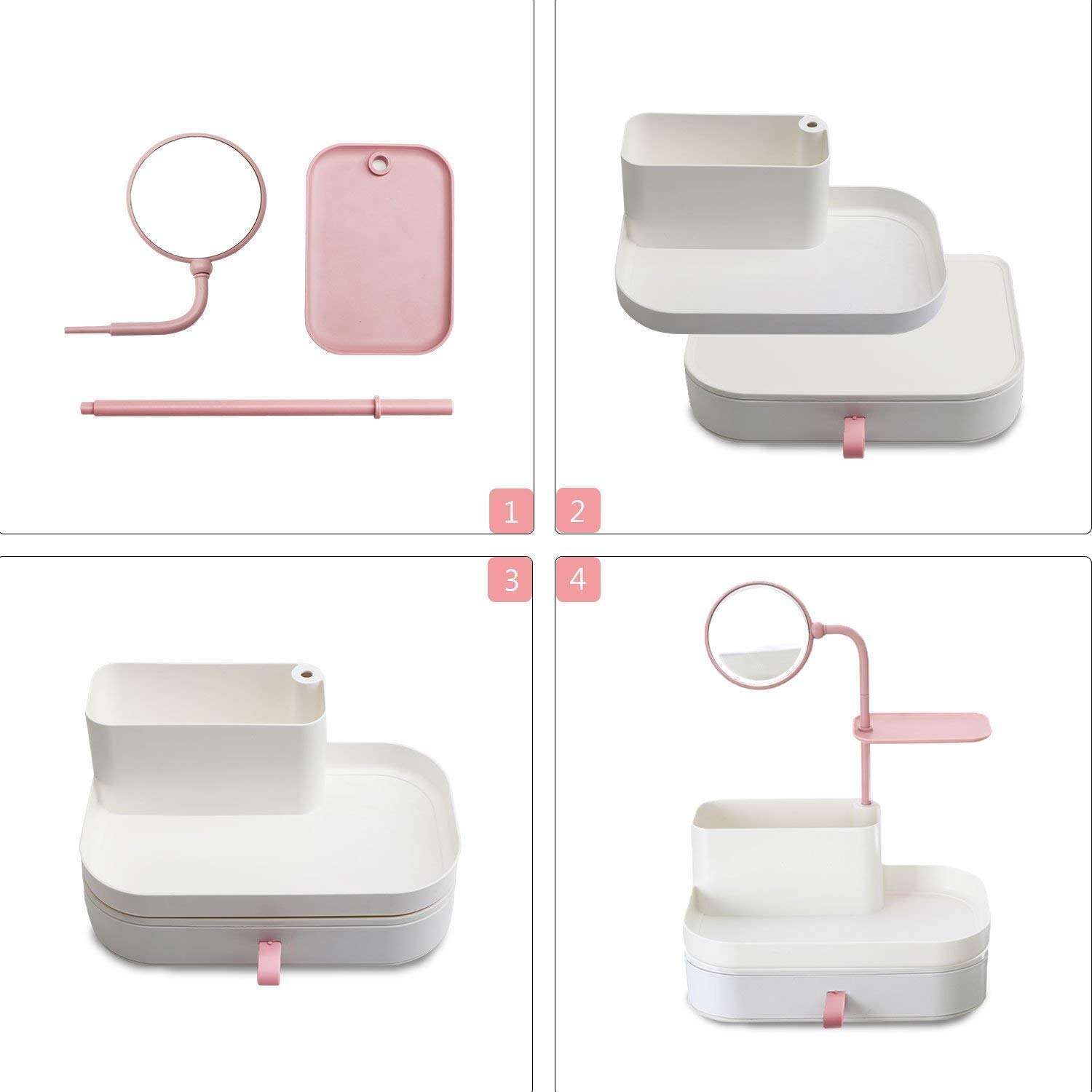 GION Makeup Storage Organizer Tray Plastic Storage Box Cosmetics Box Home Makeup Organizer with Drawer and Rotating Mirror (1Pcs) 3