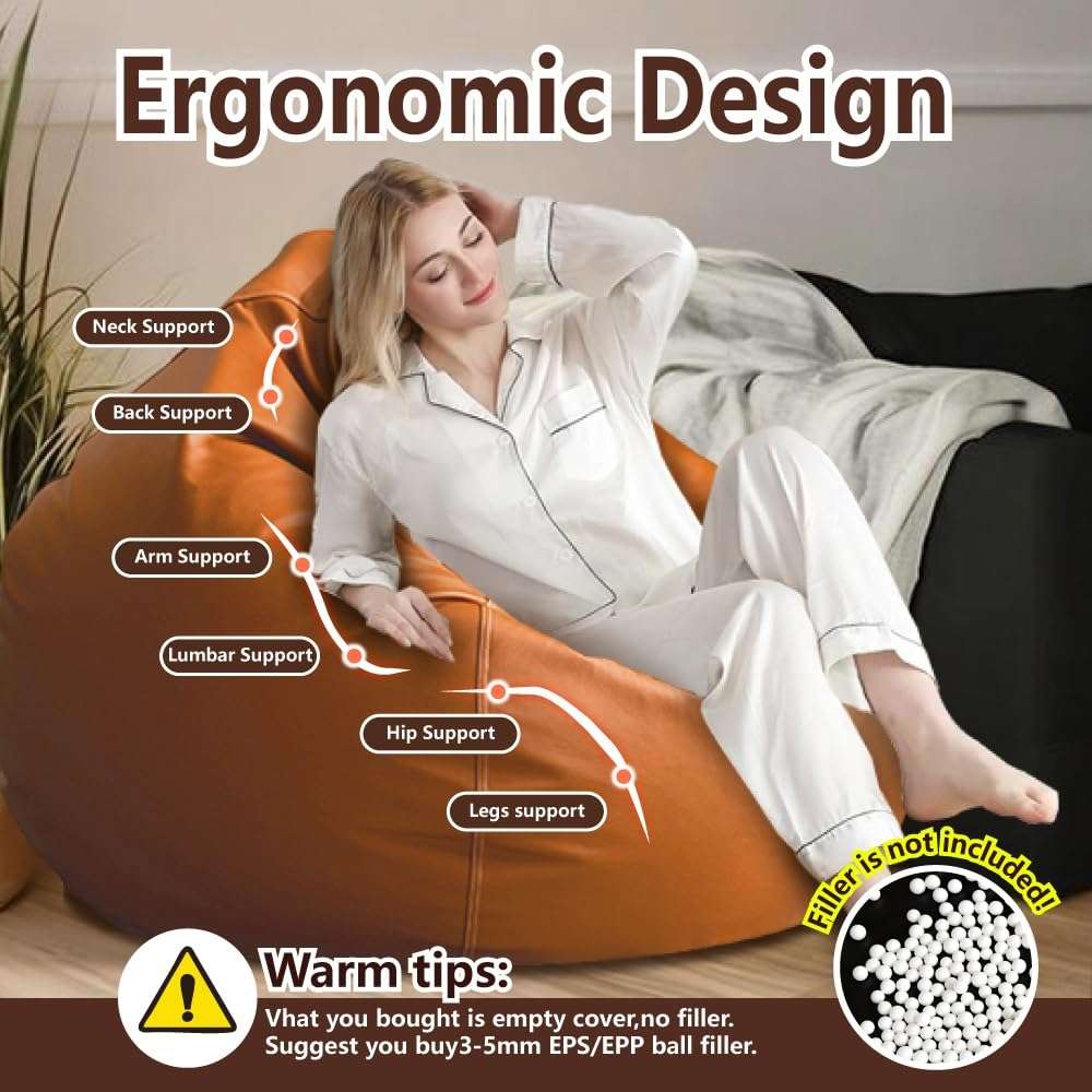 Bean Bag Chair Bean Bag Cover Without Filler Luxury Single Lazy Sofa Cover Faux Leather Bean Bag Sac Pouf Chair Envelope Beanbag Corner Seat Sectional Couch(White) 3