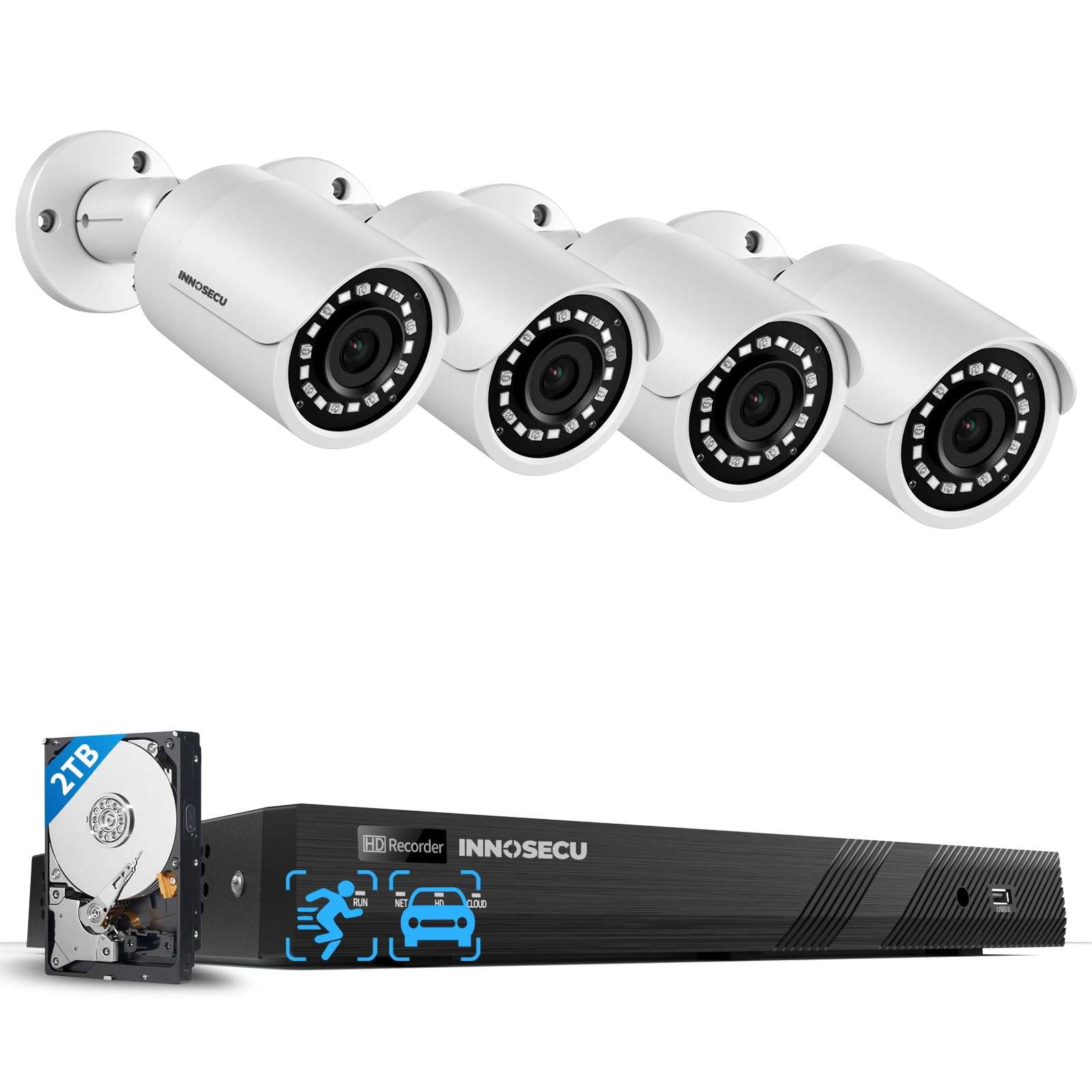 INNOSECU 4MP Outdoor Security IP Cameras (4×INB4FR37F) Bundled with an 16CH PoE NVR with 2TB HDD (IN216P16C-2T) Form a Plug-and-Play PoE Camera Security System Featuring AI Detection 1