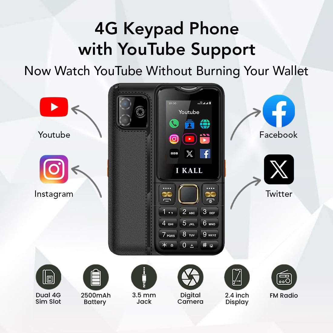 IKALL I9 4G Keypad Feature Phone | 2.4" Display, 2500mAh Battery, Type-C Charging | Dual SIM, Bluetooth | Pre-Loaded Facebook & YouTube Apps (Black) 3