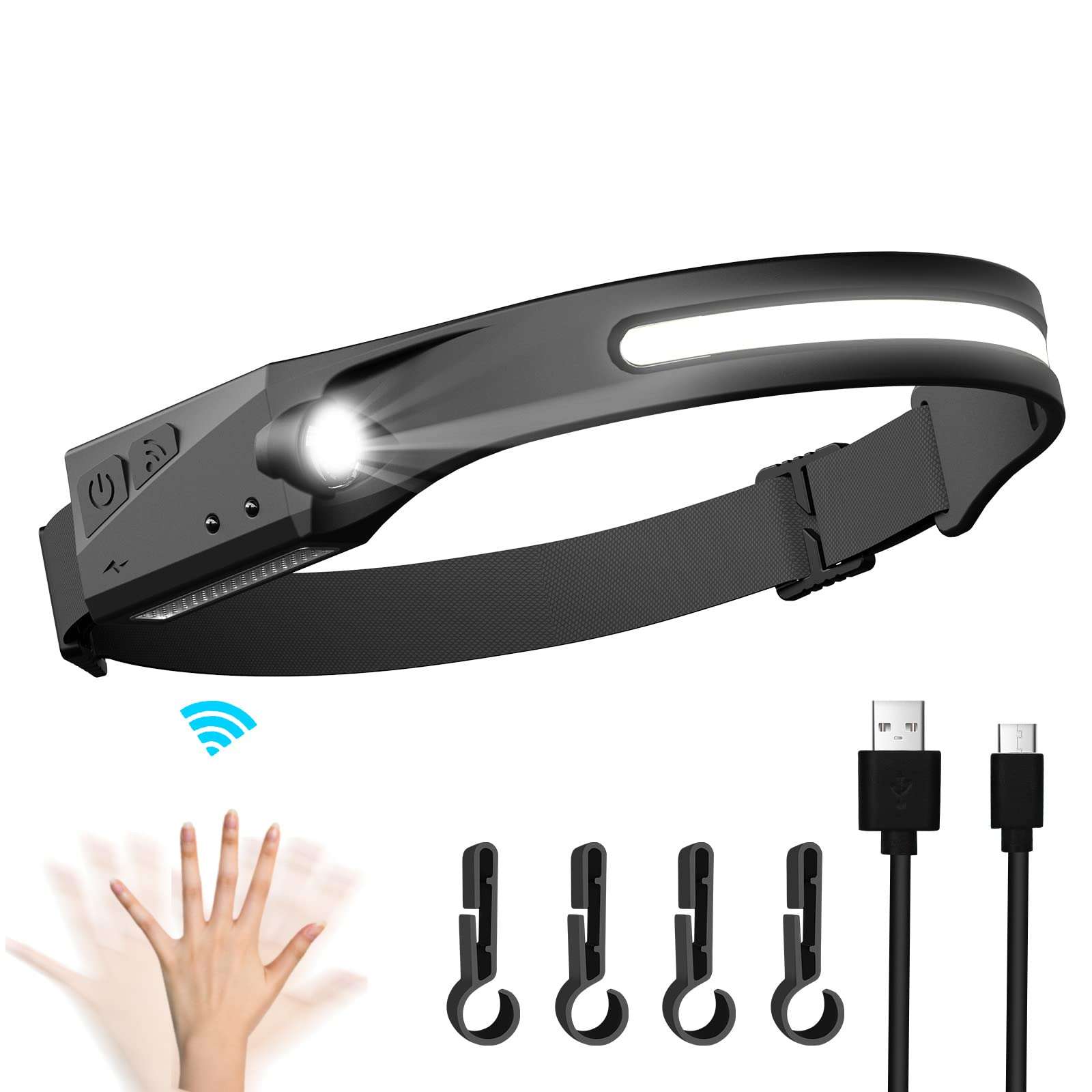 Rechargeable Headlamp LED, Motion Sensor 5 Modes Flashlight Headlight Wide-Beam 230° Headband light, Waterproof USB Rechargeable Head lamp band for Adults Outdoor Camping Hiking Running(1-Pack) 1