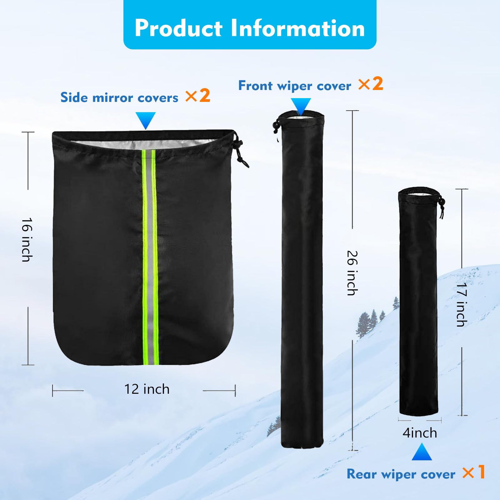 getfay 5 PCS Car Protective Cover, 12" x 16" Side Mirror Cover + 26" x 4" Front Wiper Cover + 17" x 4" Rear Wiper Cover, Waterproof and Snowproof Cover, Universal for Small Cars (Black) 3