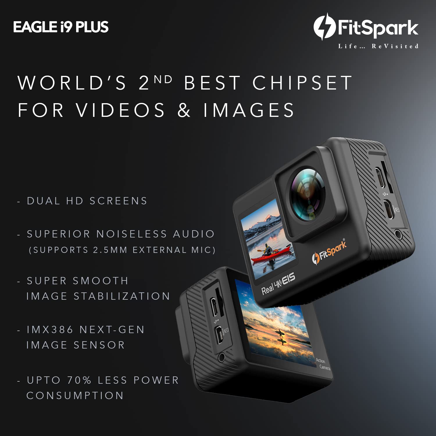 (Renewed) FitSpark Eagle i9 Plus Professional Dual Screen Native 4K 30FPS WiFi Action Camera with Drone Auto-Connection | Improved Anti-Shake | Better 6-Axis Gyro EIS Stabilization | 2.5mm External MIC Support 4