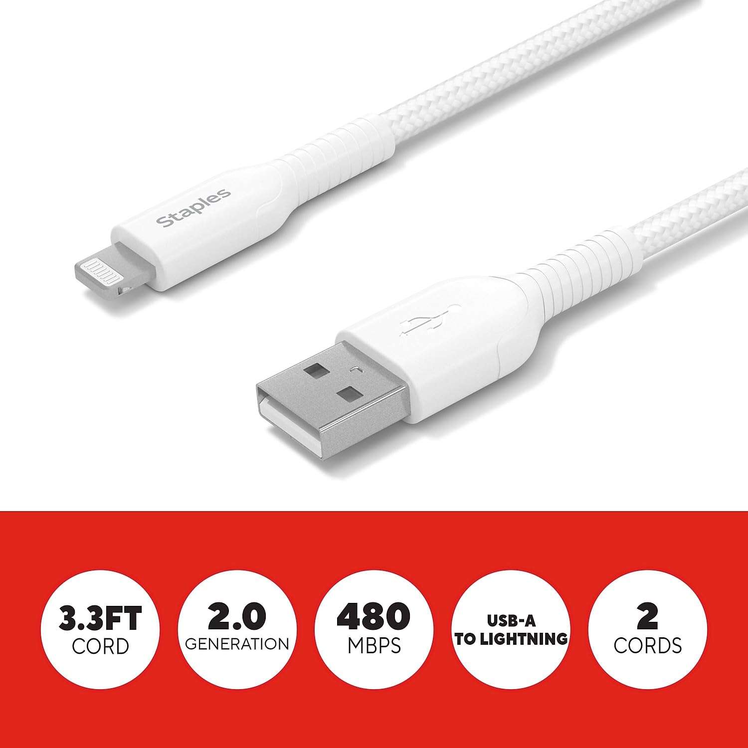 Staples TECH USB-A to USB-C Charging Cable, 3.3 ft, White, Fast Charge/Data Sync Cable, 2-Pack 3
