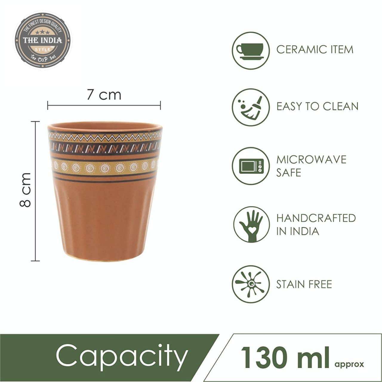 THE INDIA STYLE Ceramic Tumbler kulhar Set Cups Handmade kullad Tea Set | kulhad chai Cups | Hand Painted Cutting Chai Glass (Assorted Print Tumbler kulhar, Pack of 6) 6