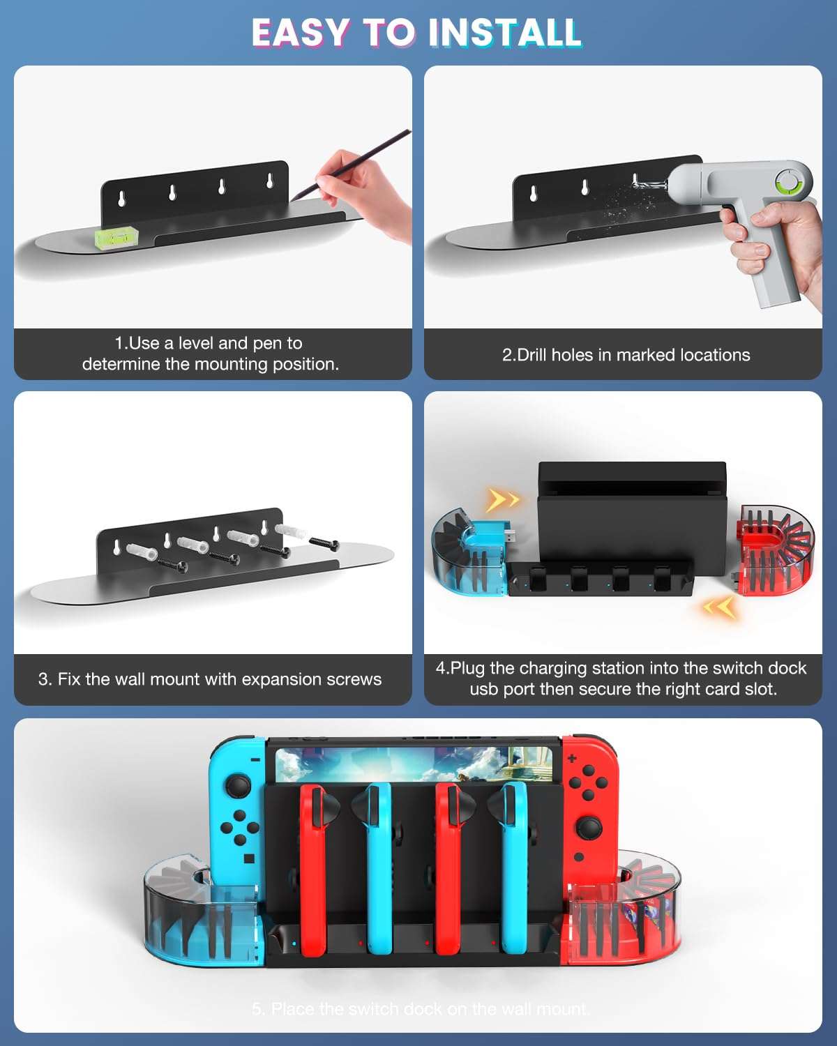 KUNSLUCK Switch Wall Mount with Joy-Con Charger, Wall Mount Switch Charging Dock Station with 20 Game Card Storage and 6 Charger for Joy-Con (Black) 6