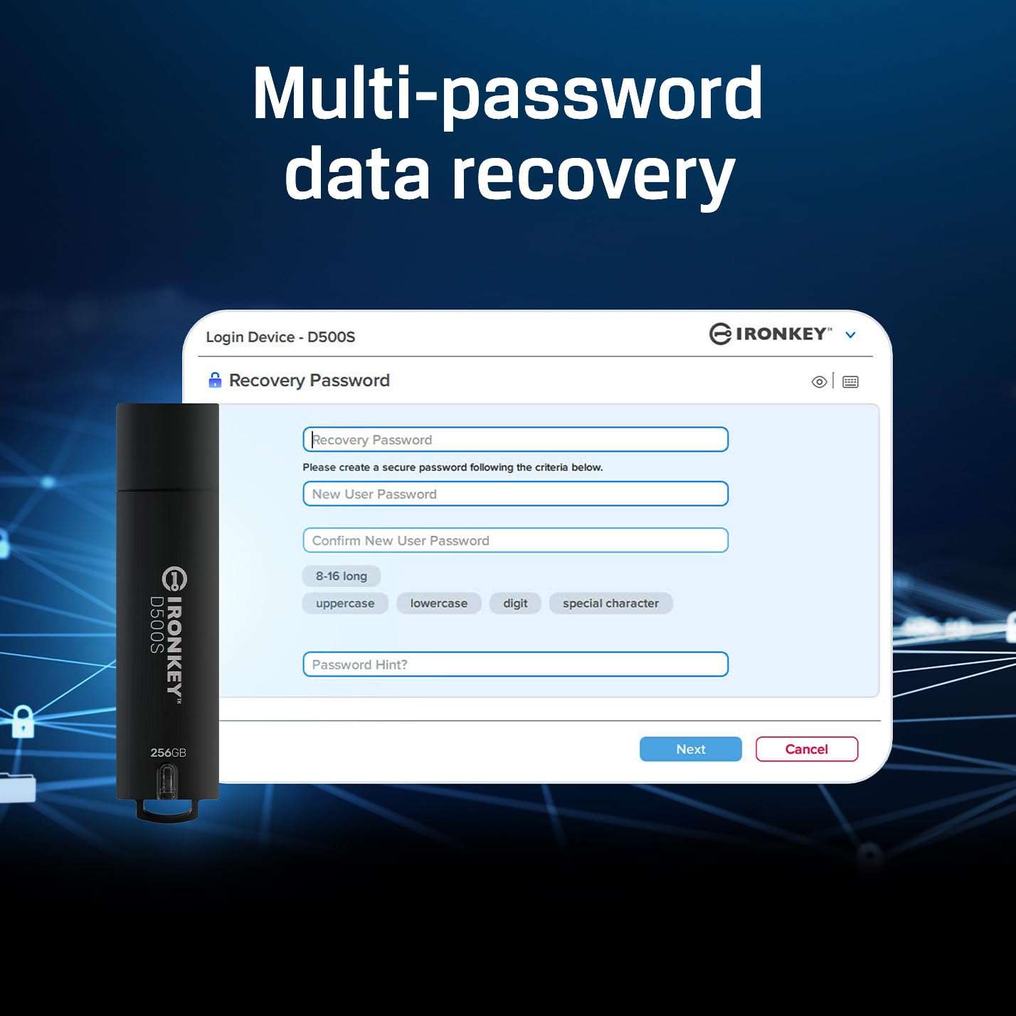 Kingston Ironkey D500S 32GB Encrypted Flash Drive | Dual Hidden Partition | FIPS 140-3 Level 3 | XTS-AES 256-bit | BadUSB and Brute Force Protection | Multi-Pin Option | IKD500S/32GB 3
