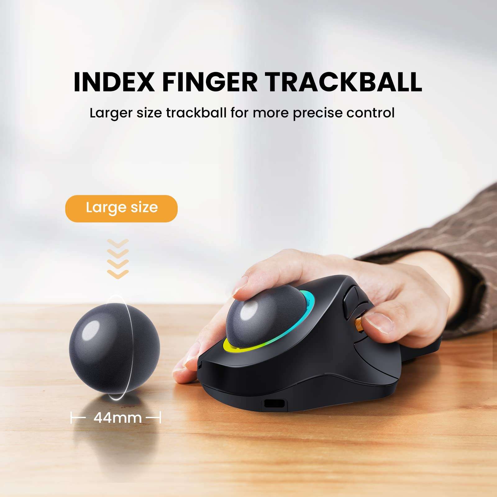 ProtoArc Wireless Bluetooth Trackball Mouse, EM03 Ergonomic RGB Rollerball, 3-Device Connection & Index Finger Control for iPad, Mac, Windows - Black 2