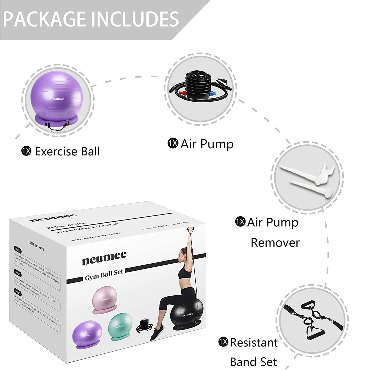 NEUMEE Exercise Ball Chair with Resistance Bands, Yoga Ball Office Chair with Stability Base for Home Gym, Workout Ball for Fitness, Large Size 65 cm (Purple) 6