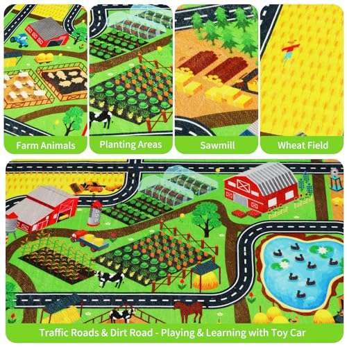 Mfmiudole Kids Rug Play Rug for Toy Cars, 39.4"×59" Farm Life Road Traffic for Playroom Kid Car Road Mat Village Map Play Mat Non-Slip Washable Carpet for Toddler Boy Family Tummy Time Playtime 2