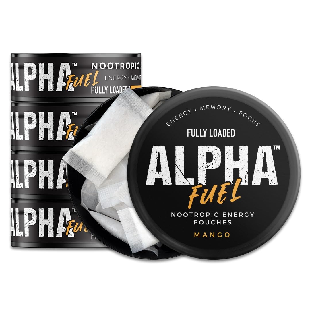 Fully Loaded Alpha Fuel Nootropic Pouches (Mango Fuel) - 5 cans, 15 Pouches per can - Energy Pouches containing Caffeine and nootropic Blend 1