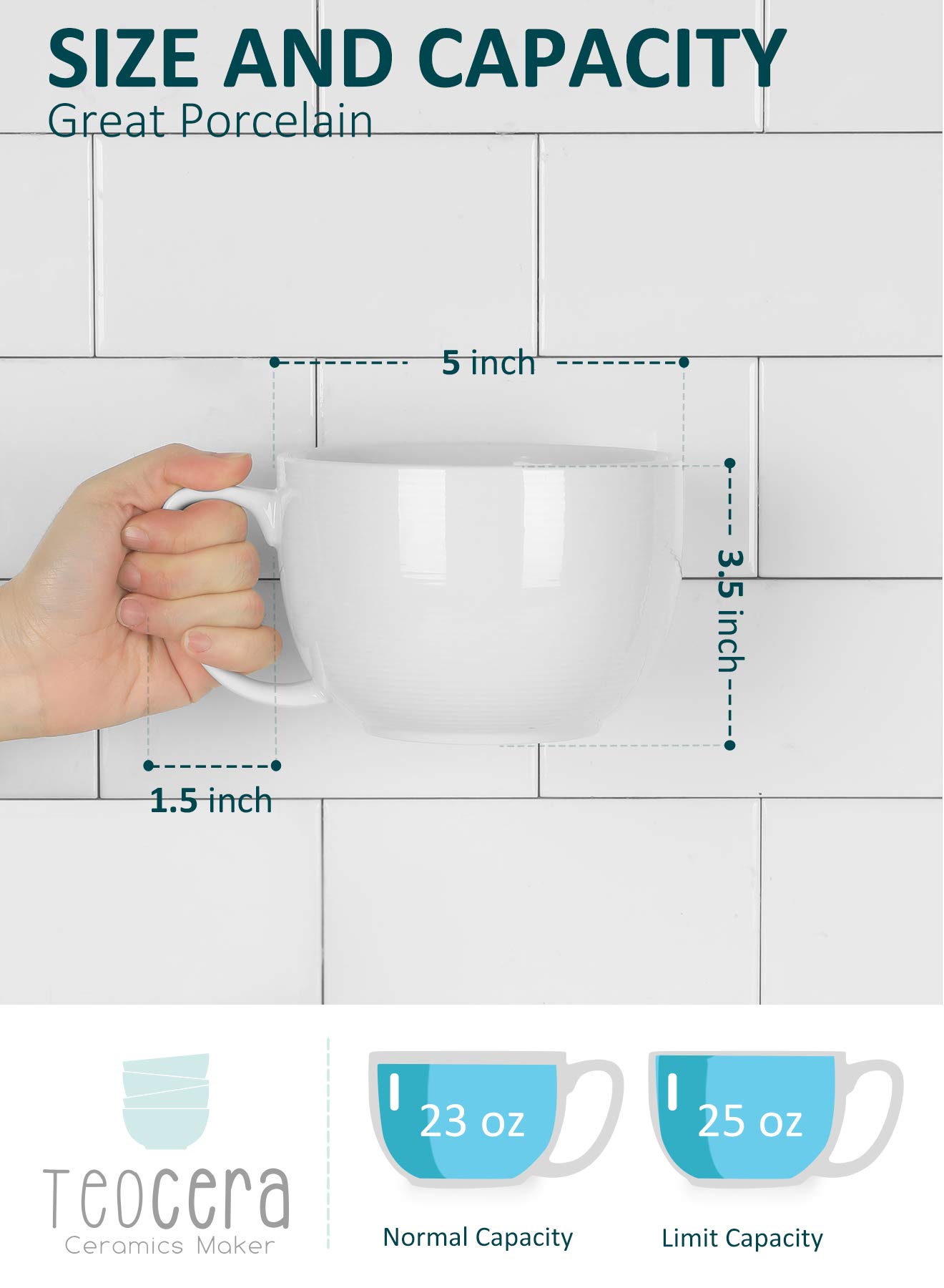 Teocera Soup Mugs with Handles, White Coffee Mugs Set of 4, Large Soup Cups - Striped Design - 24 Ounce Porcelain Jumbo Mugs Bowls for Coffee, Oatmeal, Hot Cocoa, Cereal 2
