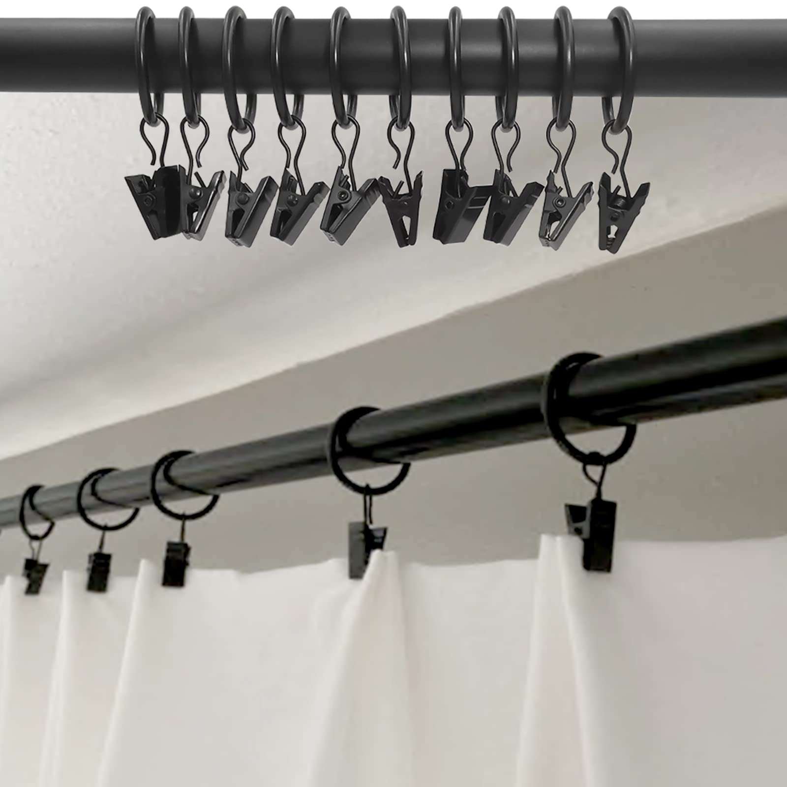 WeeksEight 44 Pack Black Curtain Rings with Clips, Curtain Hooks Hangers Clip Rings for Hanging Drapes Bows Hat, Drapery Rings 1 in I D, Fits up to 5/8 in Diameter Curtain Rod. 4