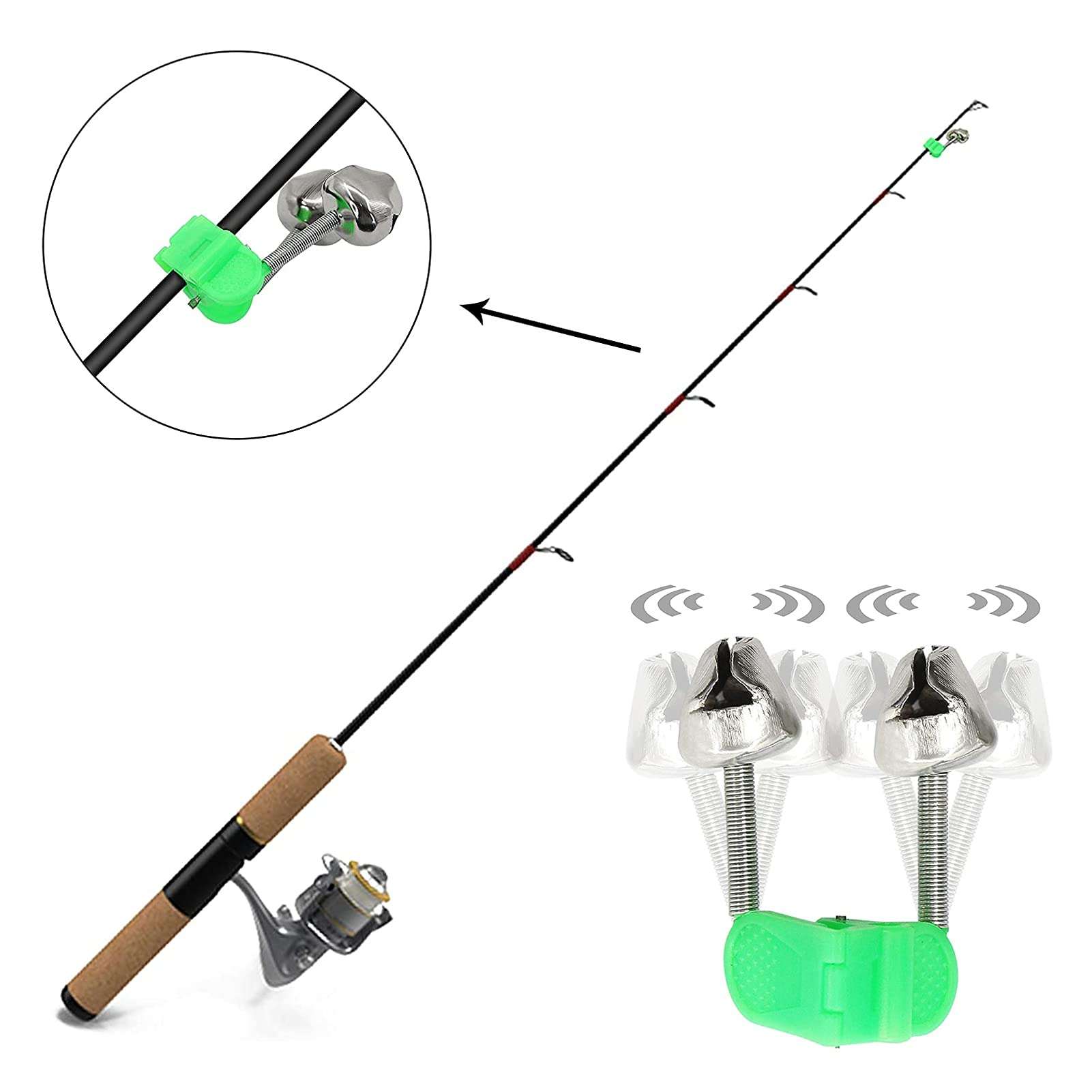 VGEBY 5Pcs Fishing Rings Fishing Pole Fish Bite Lure Alarm Alert Twin Ding Rod Tip Clip Fishing Green 5
