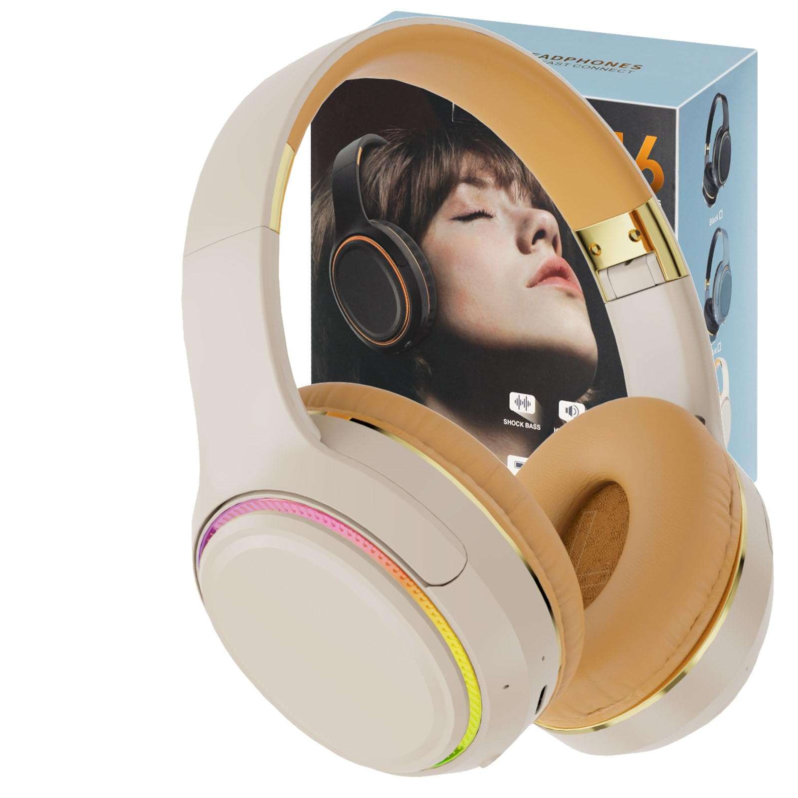 OOYY Foldable Over-Ear Headphones with Hidden Mic for Cell Phone, Wireless Bluetooth Headphones with RGB LED Lighting (Khaki) 1