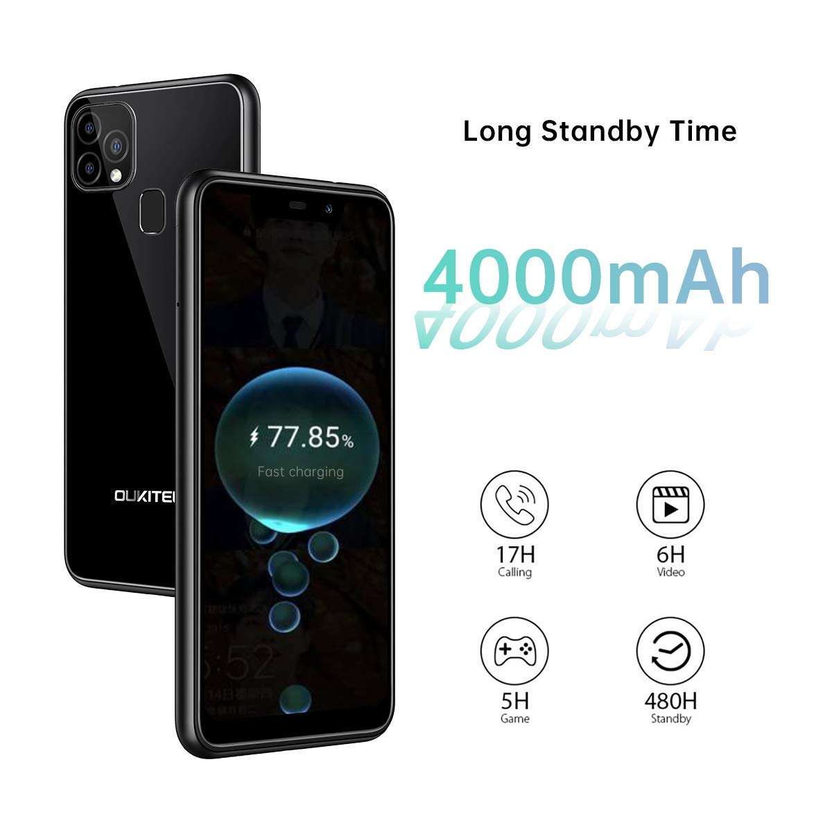 OUKITEL C22 Unlocked Cell Phone, 2021 Dual SIM Smartphone 5.86 Inch HD Screen+, 4GB+128GB Android 10 T-Mobile, Rear 3 Camera Face/Fingerprint ID(Black) 4