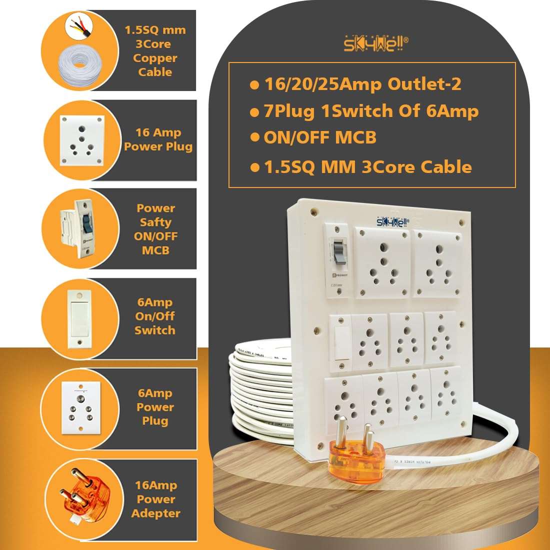 SKYWELL 16Amp-2 Outlet & 7Plug of 6Amp with MCB & Indicator Heavy Dute Extension Board with 1.5Sq MM 3Core Cable3 Meter 5