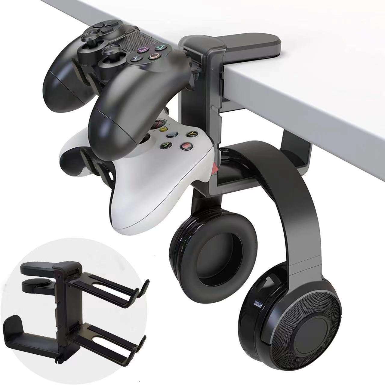 HoneTeek Rotating Headphone Stand, Headset Stand with Adjustable Clamp-on, headphone Holder for Desk, Headphones Hook Desk Clamp with Cable Clip Organizer, Foldable Headset Stand PC Gaming Accessories 1