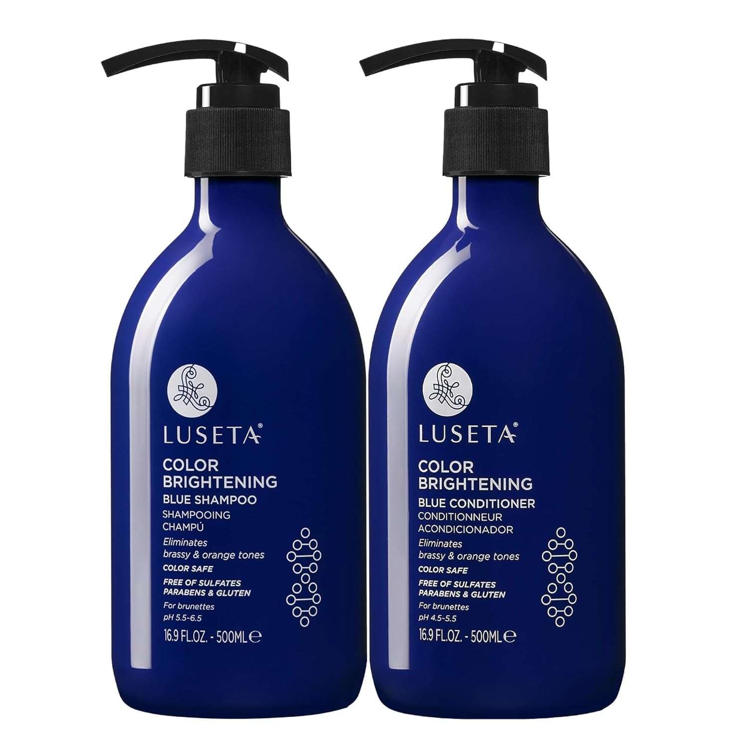 Luseta Blue Shampoo & Conditioner Set - Color Brightening for Brassy and Brunette Treated Hair, Revive Cool Tones, 2x 16.9oz 1