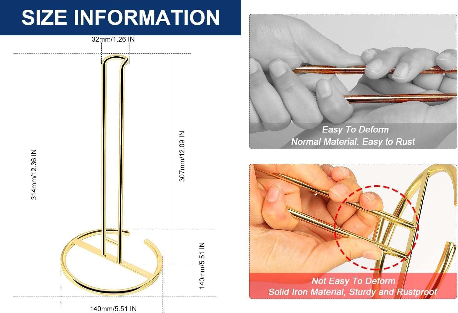 WOOD ART STORE Paper Towel Holder Countertop, Sturdy Paper Towel Stand Dispenser-All Metal, Standard Size for Table Countertop, Farmhouse, Living Room (Golden Finish) 4