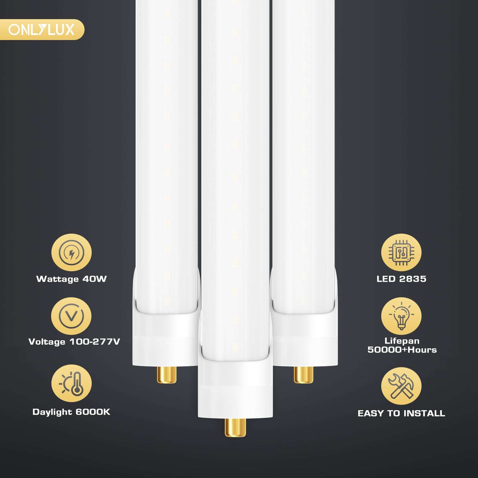 ONLYLUX 8 Foot Led Bulbs T8 T12 LED 8ft Tube Light F96T8 F96T12 LED Bulb 96" FA8 Single Pin LED Fluorescent Replacement, (100W Fluorescent Equivalent) 6500K CW Daylight Milky Cover, 10 Pack 2