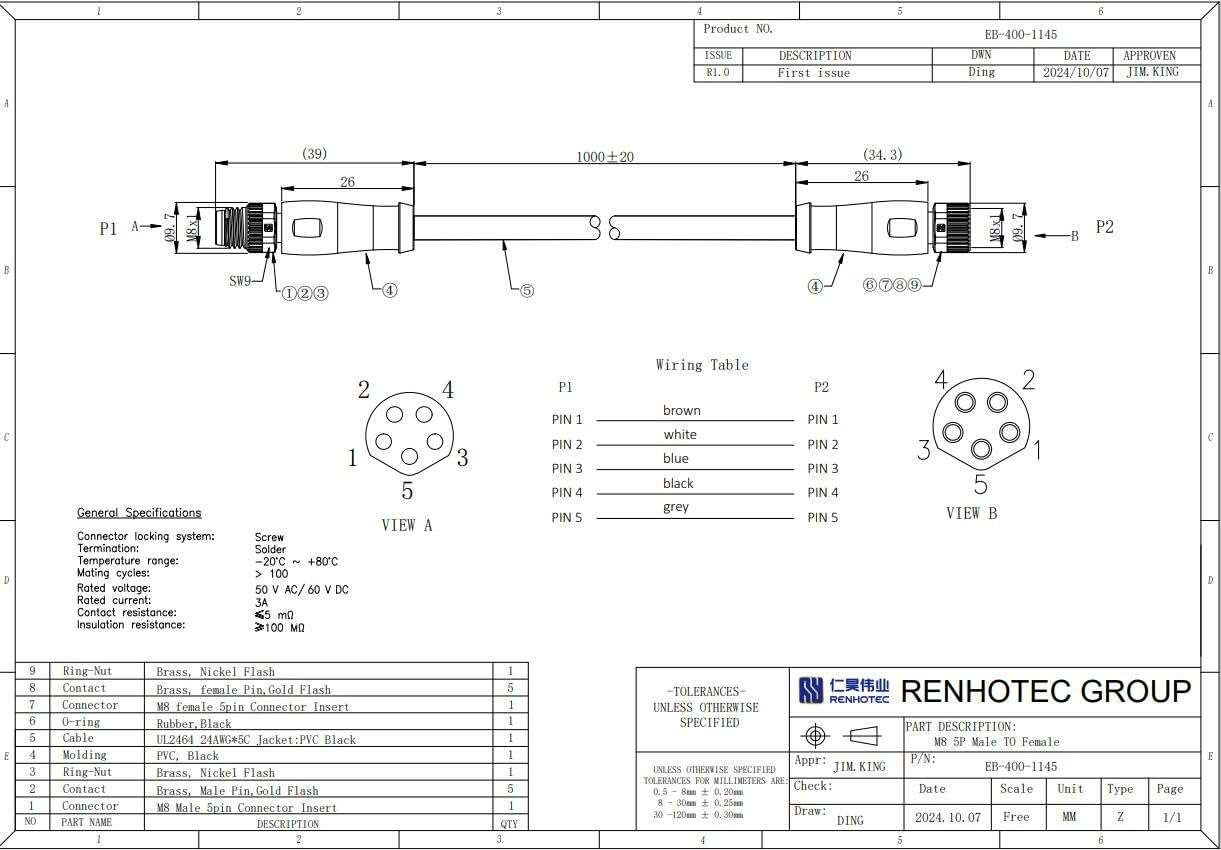 M8 5 Pin Serial Cable Connector Female to Male Plug Straight Molding Waterproof IP67 Aviation Socket Connector Double Ended Unshielded Electrical Cable Sensor 24AWG(B Code 5 Pin 1M/3.3ft Cable) 5