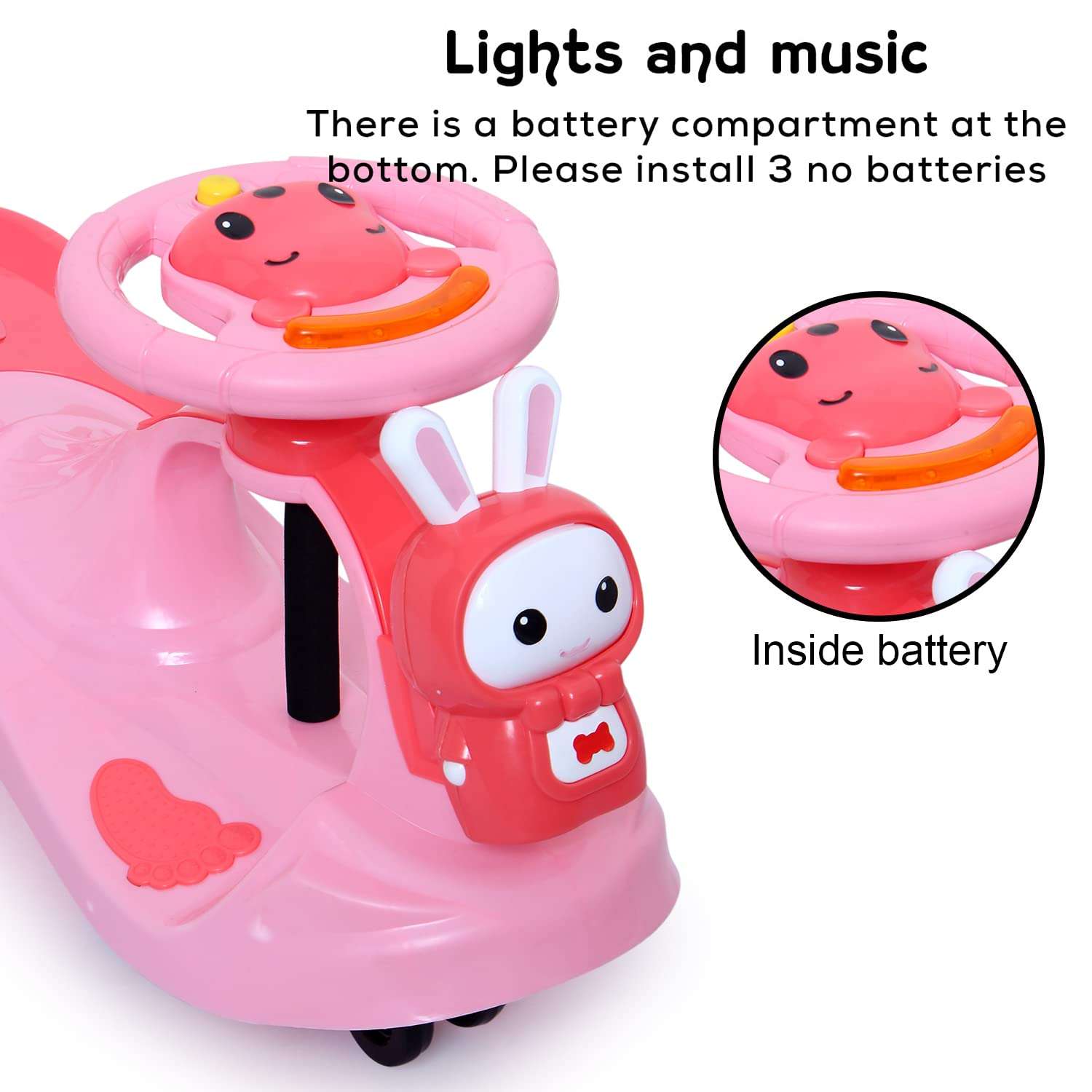 Fun Ride Boy's and Girl's FunRide Bunny Swing Car Rider - Bunny Rabbit Twist and Swing Magic On for Kids with Steering Music and Lights Car Ride (Age 3 Above, Weight Capacity Upto 100 Kg, Pink) 4